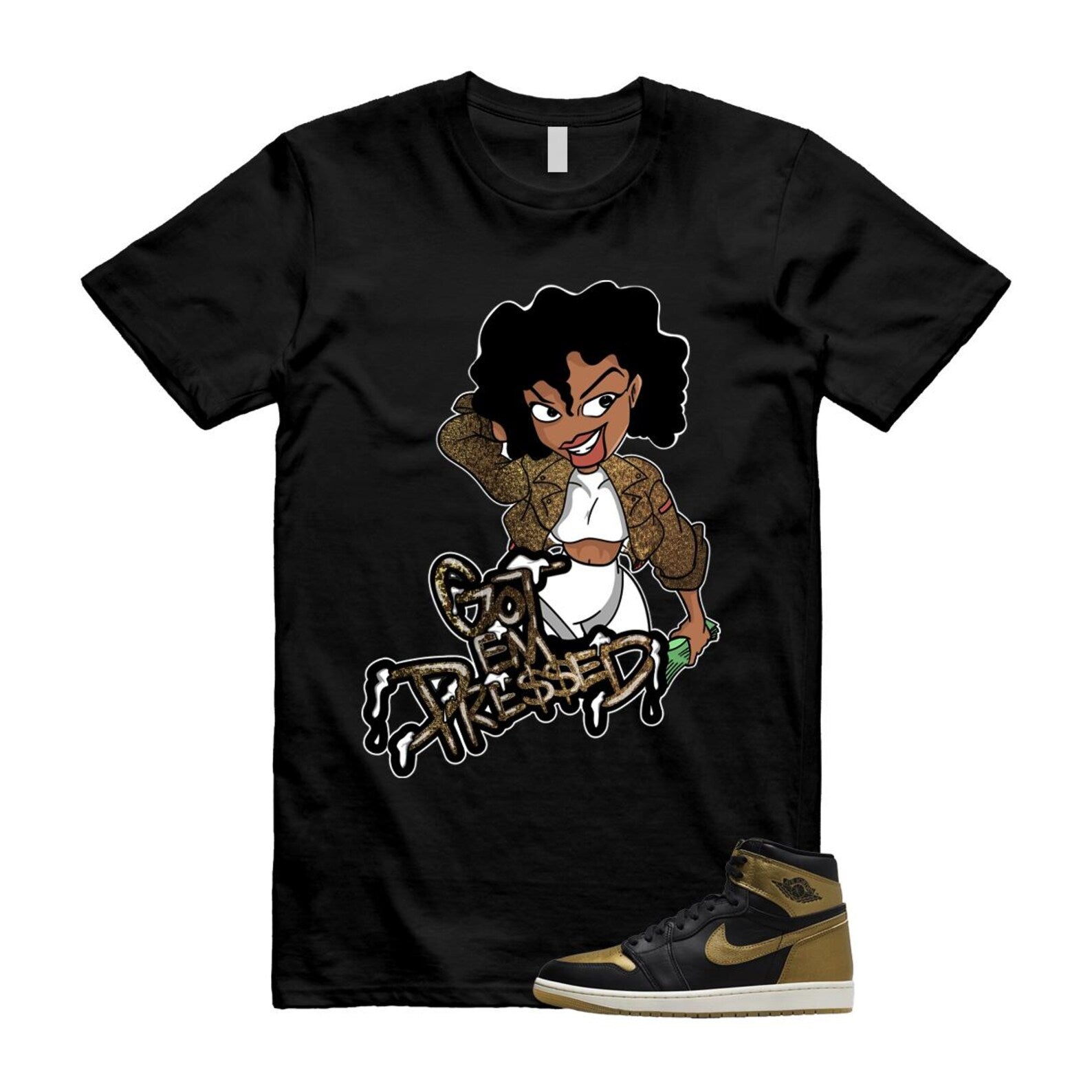 1 Black Metallic Gold Sail Retro High OG T Shirt Match PRESSED T-Shirt, Sneaker Match Tee