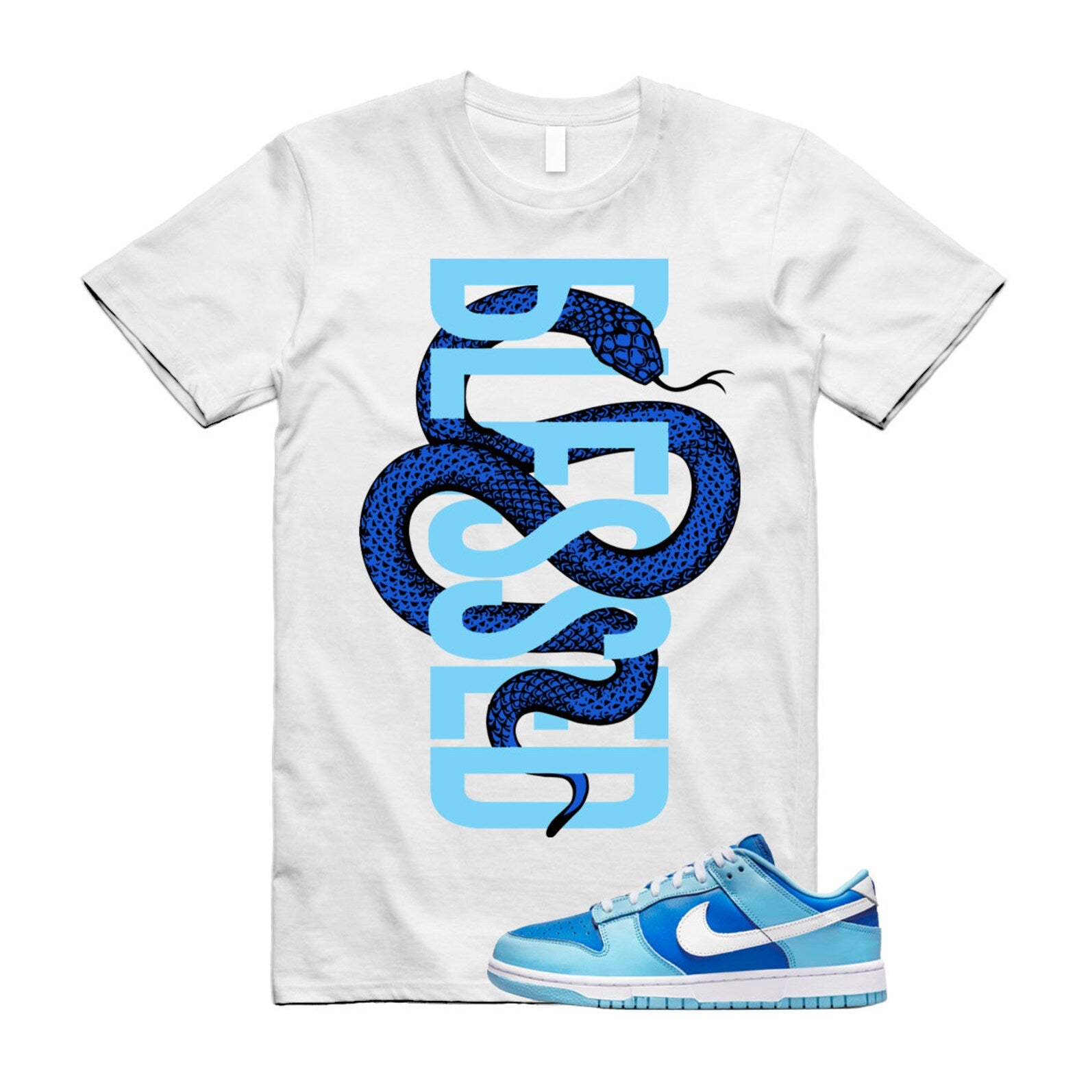 White SNAKEBLS T Shirt to match Dunk Low Argon Blue Flash Marina Dutch UNC University VaporMax Plus Chill T-Shirt, Sneaker Match Tee