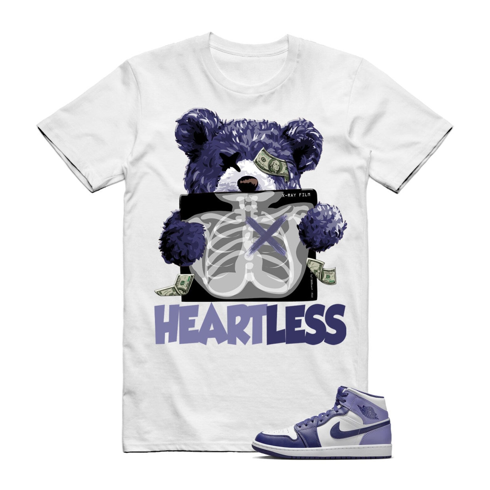 Sky J Purple Blueberry Air Mid Light White T Shirt Match HEART T-Shirt, Sneaker Match Tee