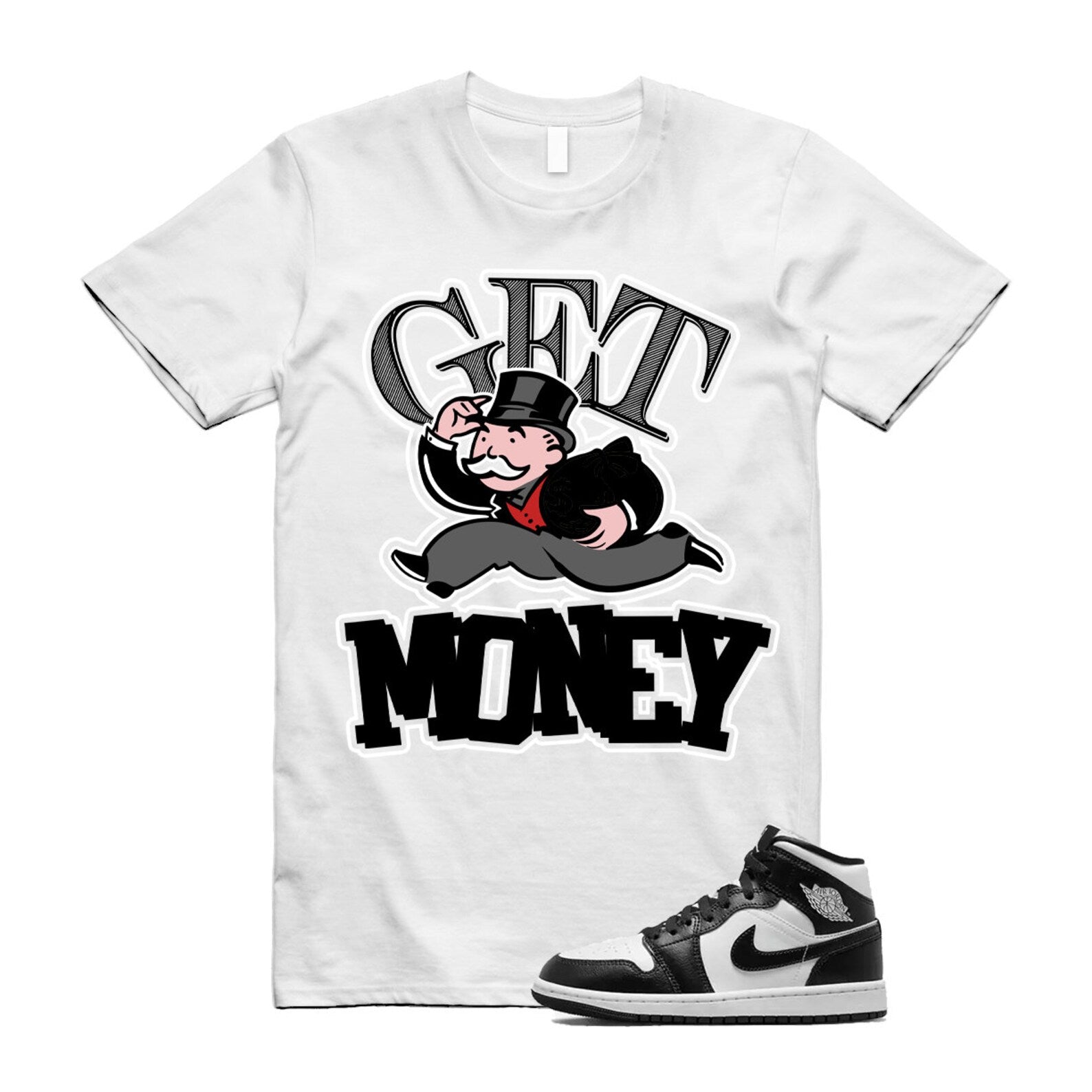 GM T Shirt to match Air J 1 Mid Panda WMNS White Black T-Shirt, Sneaker Match Tee
