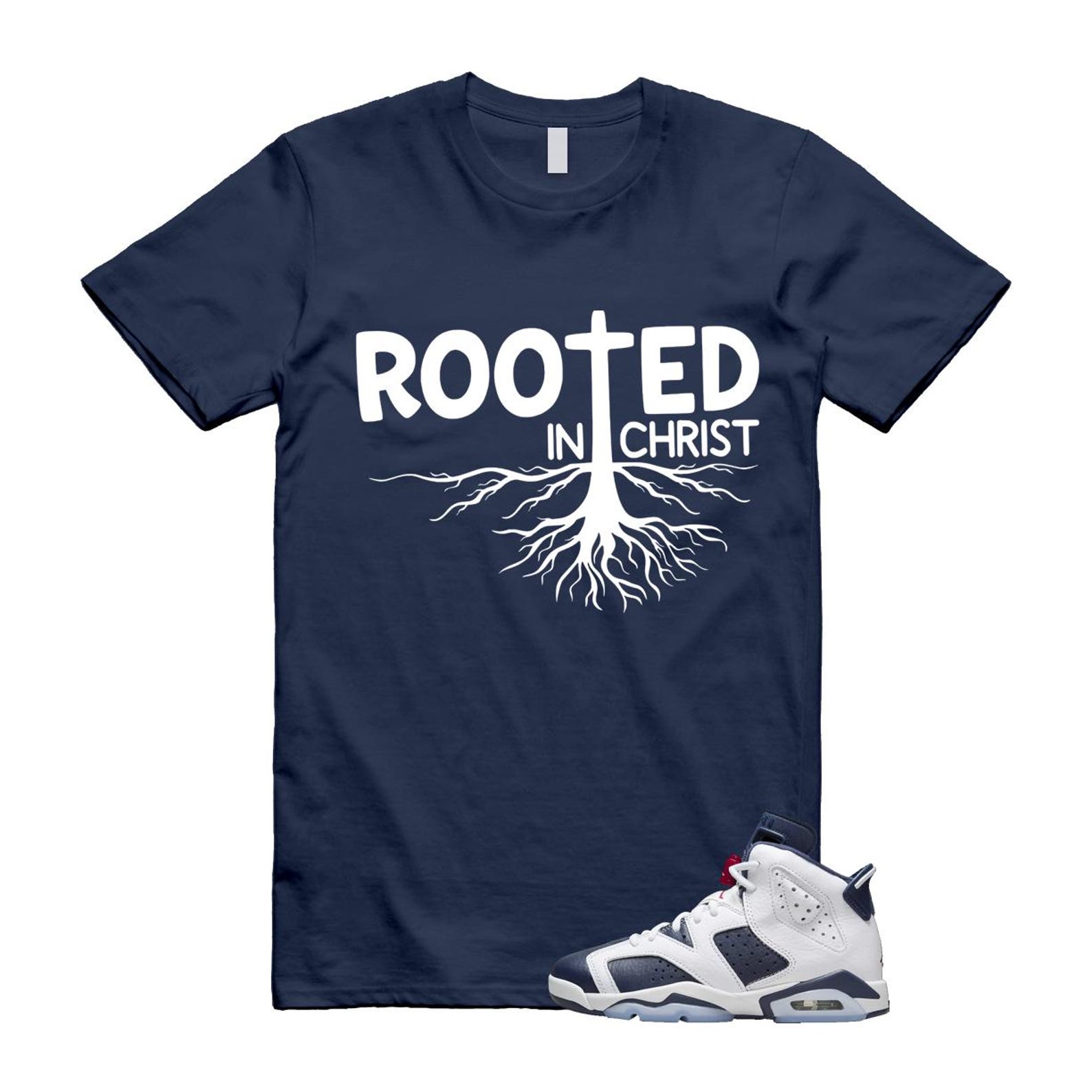 6 Olympic Midnight Navy White Varsity Red Retro T Shirt Match ROOTED T-Shirt, Sneaker Match Tee