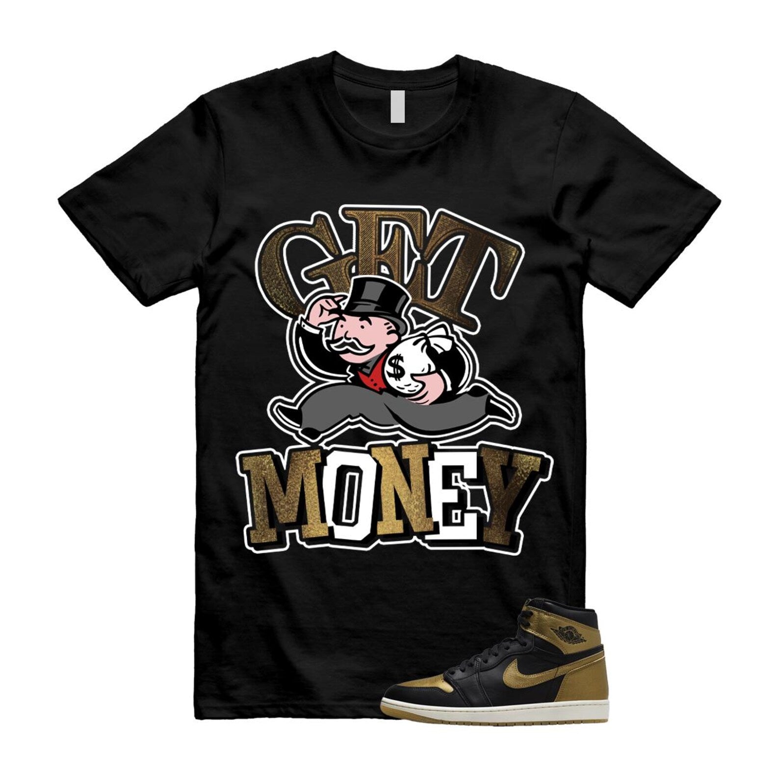 1 Black Metallic Gold Sail Retro High OG T Shirt Match GM T-Shirt, Sneaker Match Tee