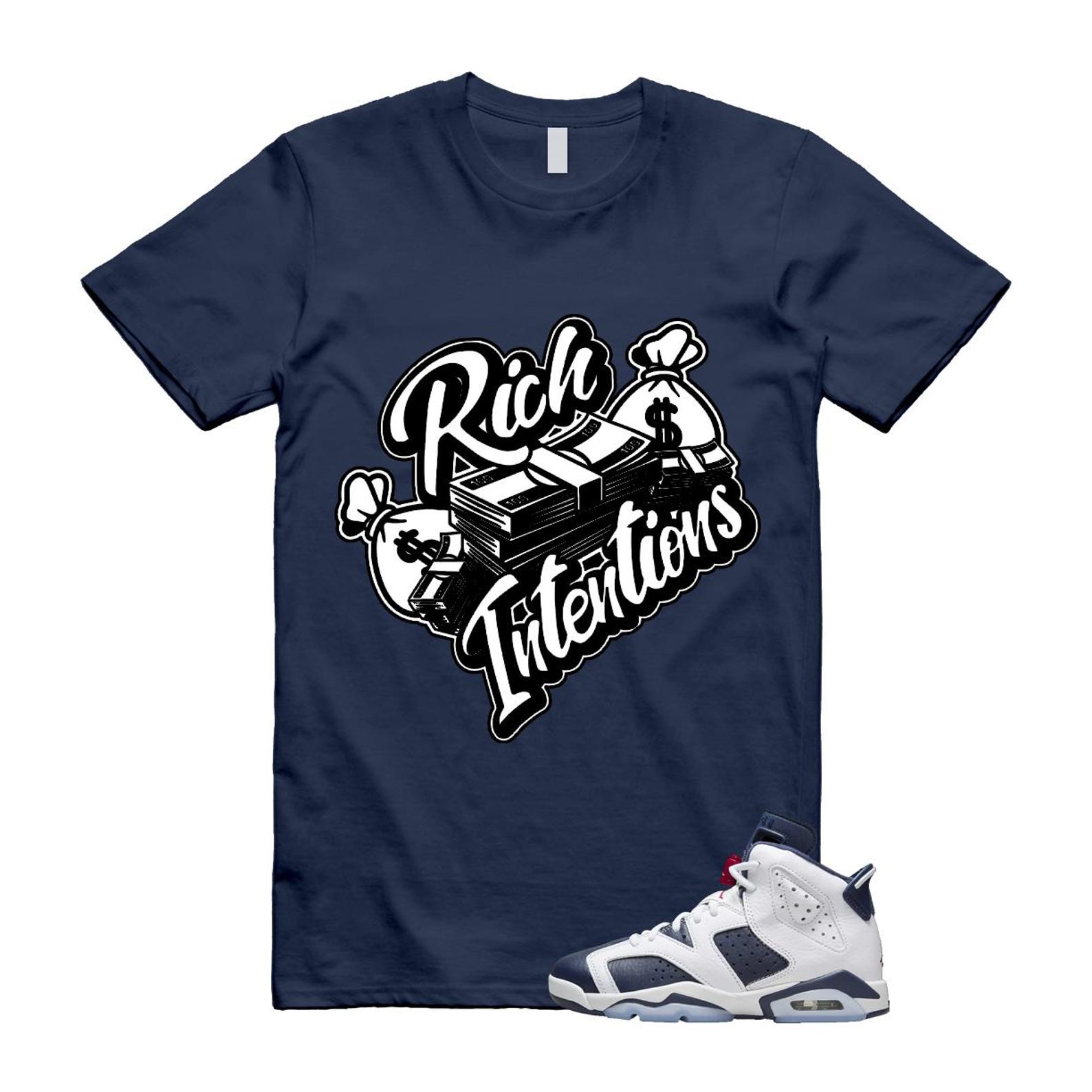 6 Olympic Midnight Navy White Varsity Red Retro T Shirt Match RICH T-Shirt, Sneaker Match Tee