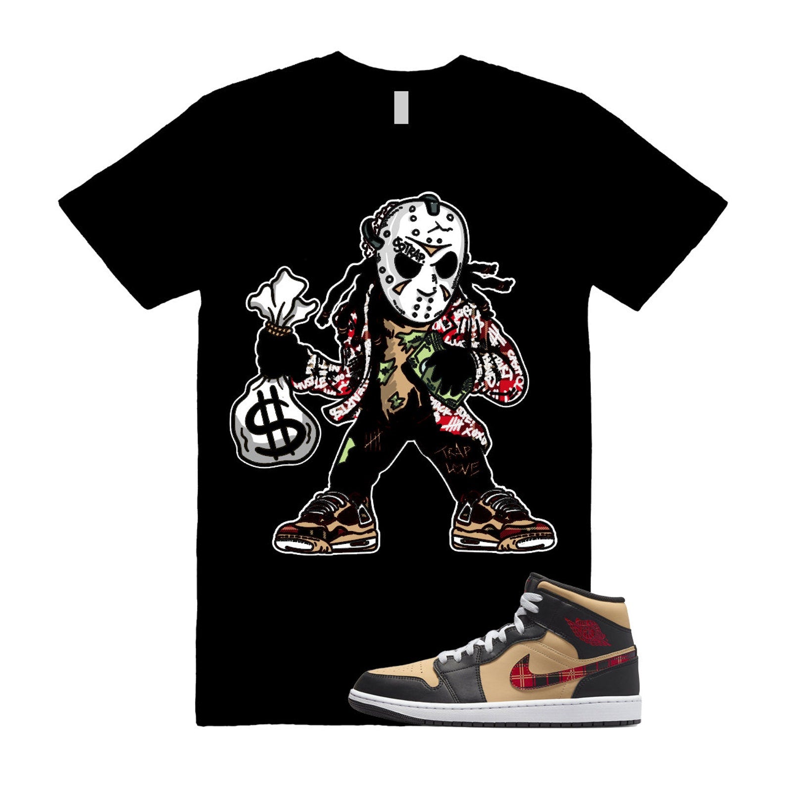 JASON T Shirt to match J 1 Mid Tartan Tan Black Red Plaid Sesame Fire T-Shirt, Sneaker Match Tee