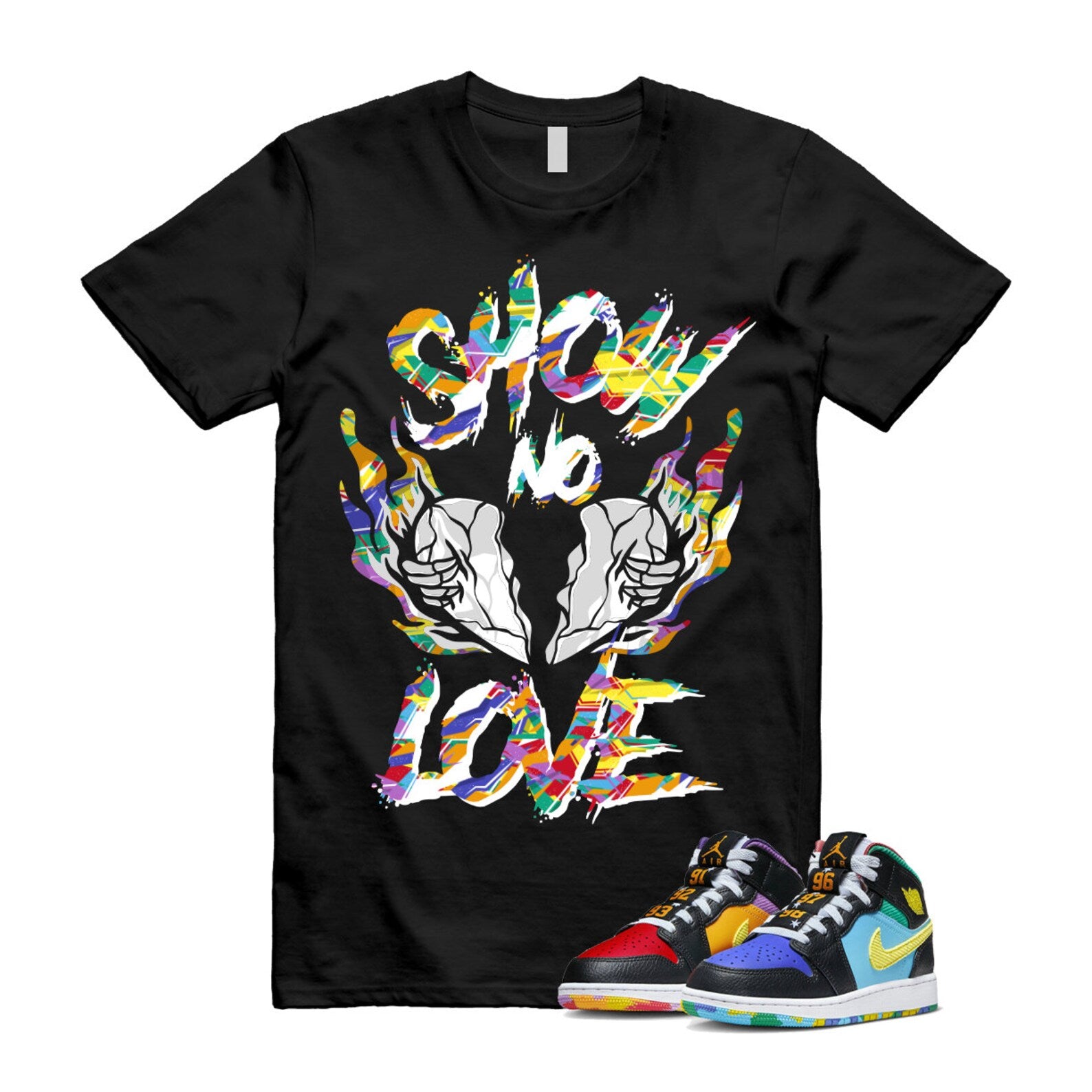 Six Championships Air 1 Mid GS Black Opti Yellow University Red Light Ultramarine Sundial Baltic Blue T Shirt Match NO LOVE T-Shirt, Sneaker Match Tee