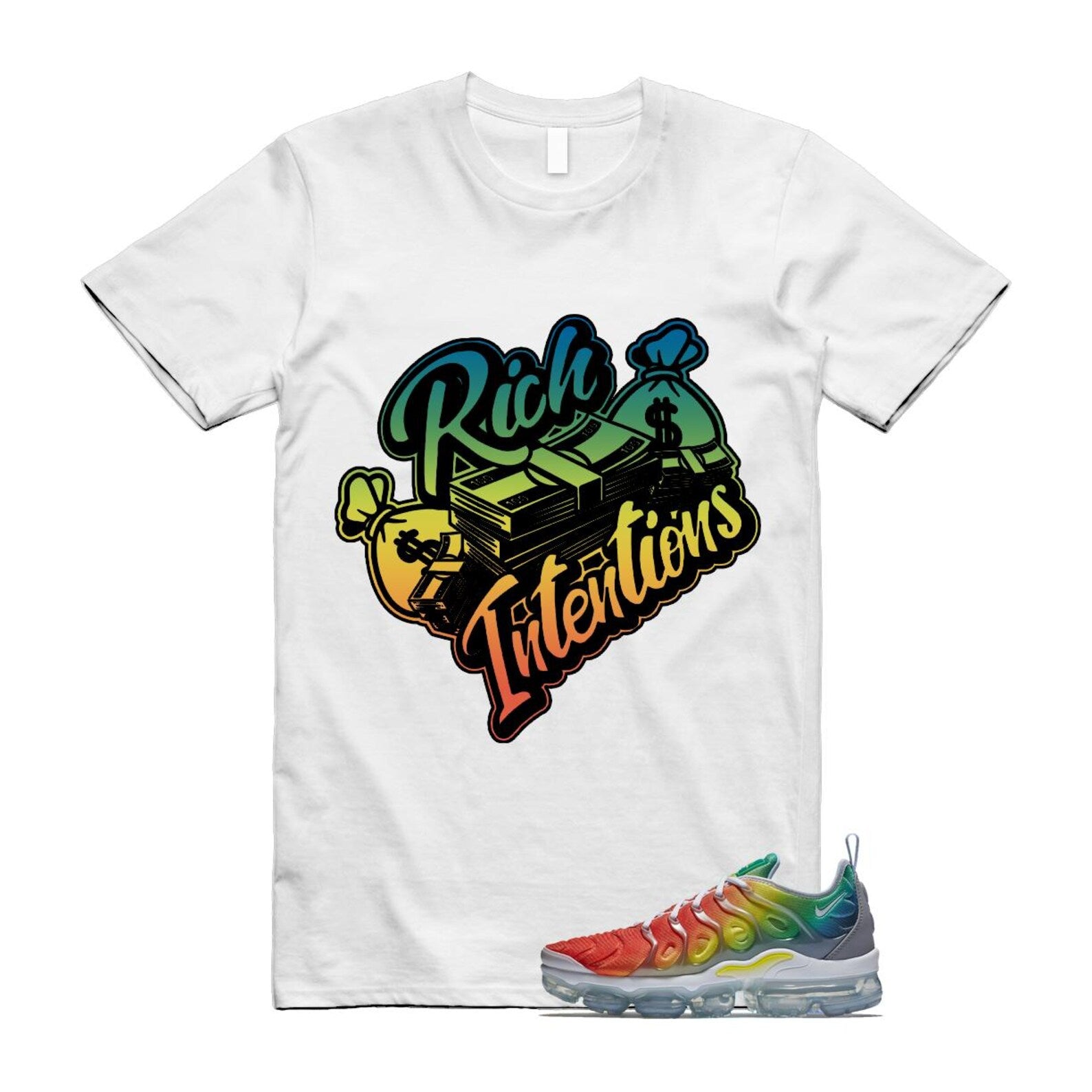 VaporMax Rainbow Air Plus White Neptune Blue Dynamic Yellow T Shirt Match RICH T-Shirt, Sneaker Match Tee
