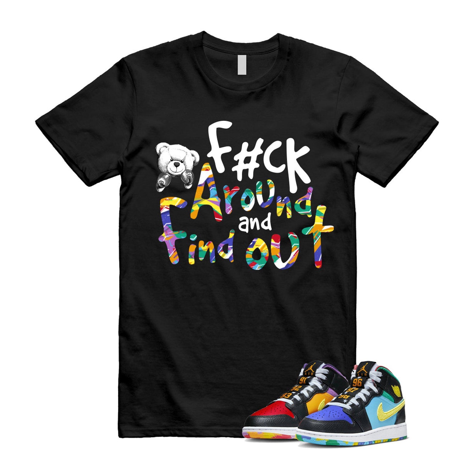 Six Championships Air 1 Mid GS Black Opti Yellow University Red Light Ultramarine Sundial Baltic Blue T Shirt Match FCK T-Shirt, Sneaker Match Tee