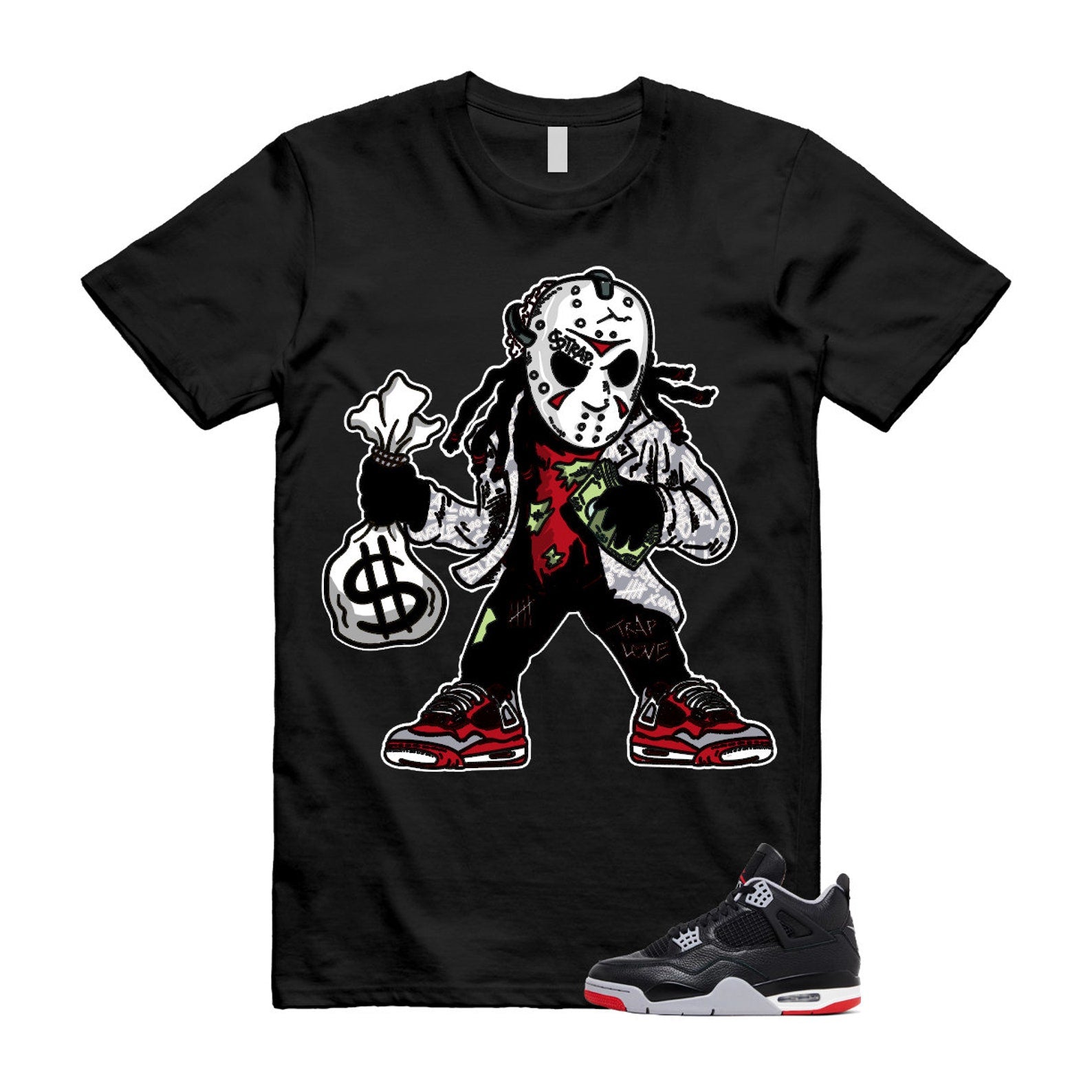 4 Bred Reimagined Black Cement Grey Varsity Red Summit White Retro T Shirt Match JASON T-Shirt, Sneaker Match Tee
