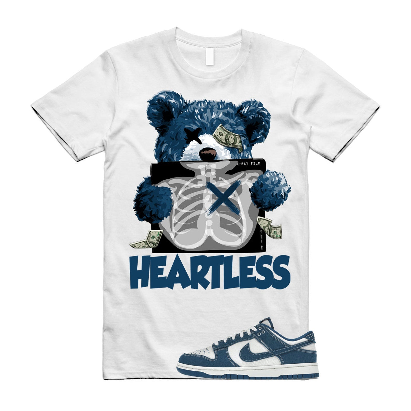 HEART T Shirt to match N Dunk Low Industrial Blue Sashiko Summit White Japan T-Shirt, Sneaker Match Tee