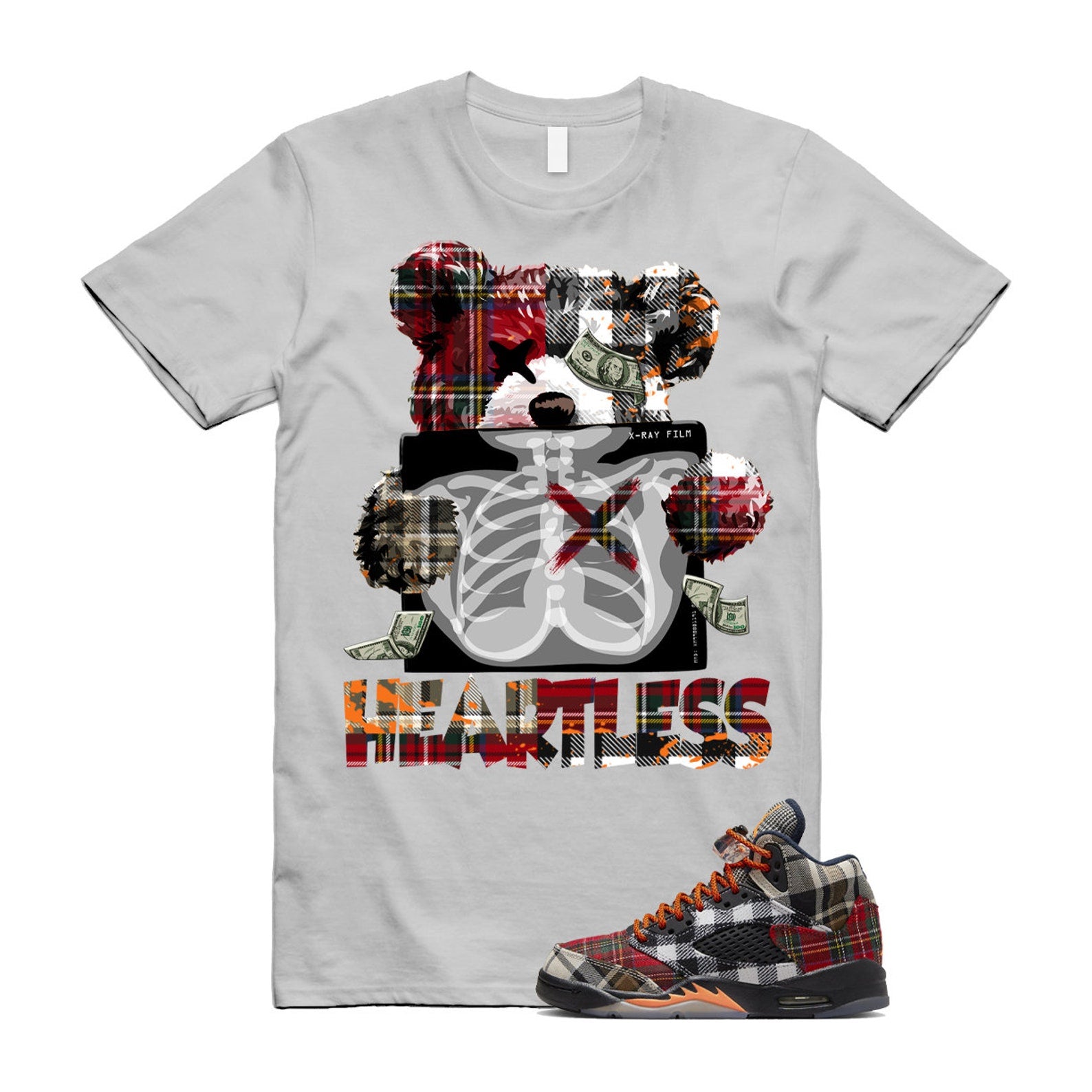 Plaid 5 Patchwork Total Orange AJ5 Air Checked-And-Flecked Black Dark Obsidian Red Green Citrus T Shirt Match HEART T-Shirt, Sneaker Match Tee