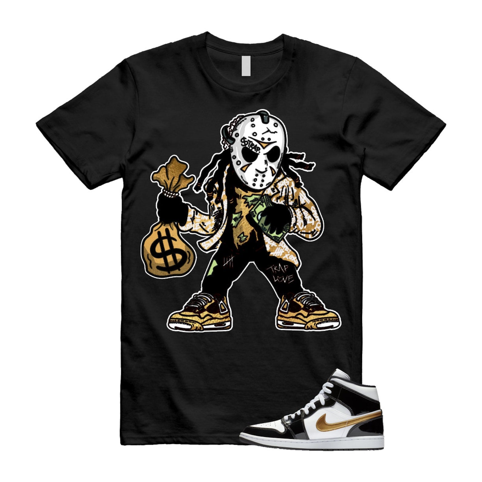 Metallic Gold Patent Black White Air 1 Mid T Shirt Match JASON T-Shirt, Sneaker Match Tee