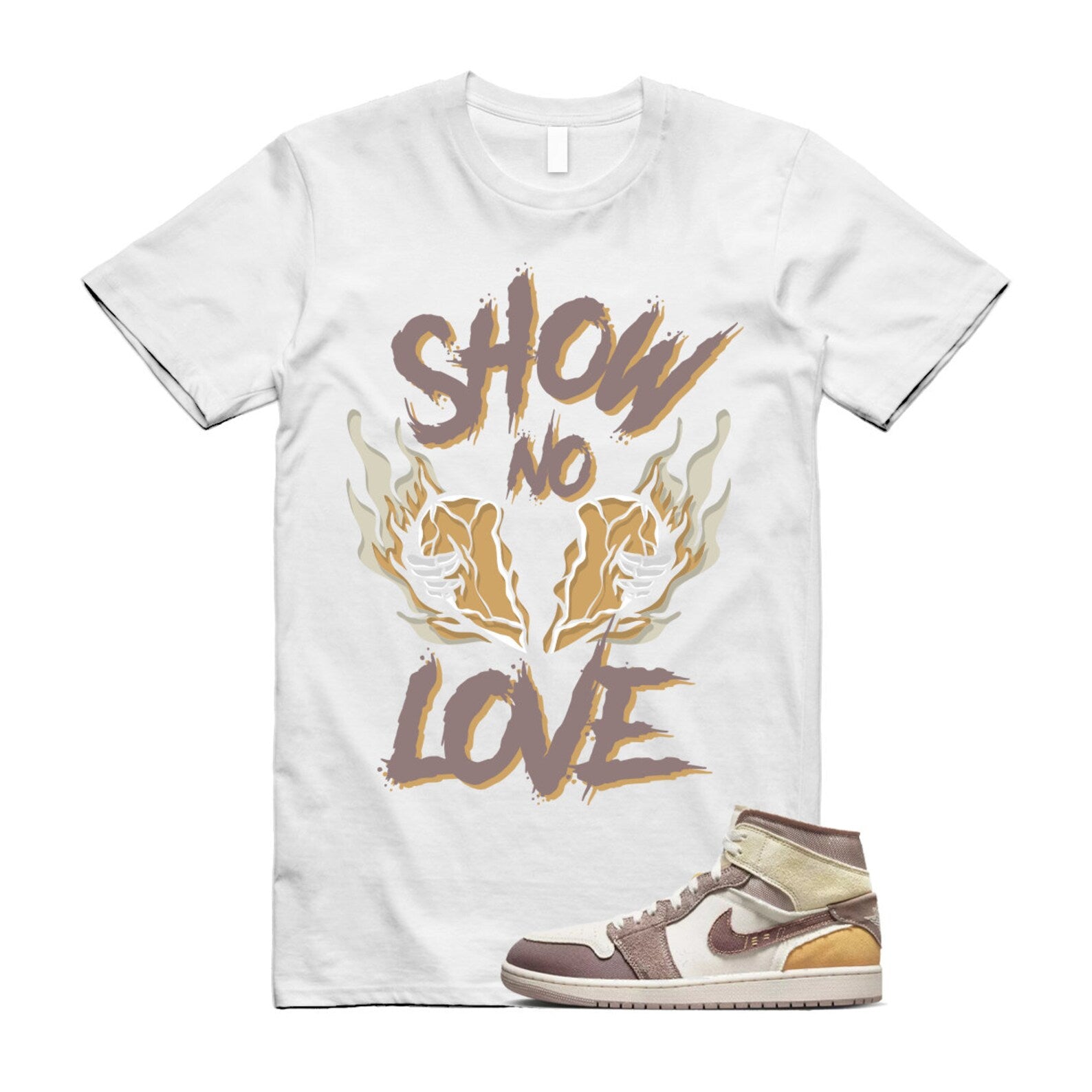 NO LOVE T Shirt to match Air J 1 Mid SE Craft Inside Out Taupe Haze Sail Brown Fossil Stone Celestial Gold Muslin T-Shirt, Sneaker Match Tee