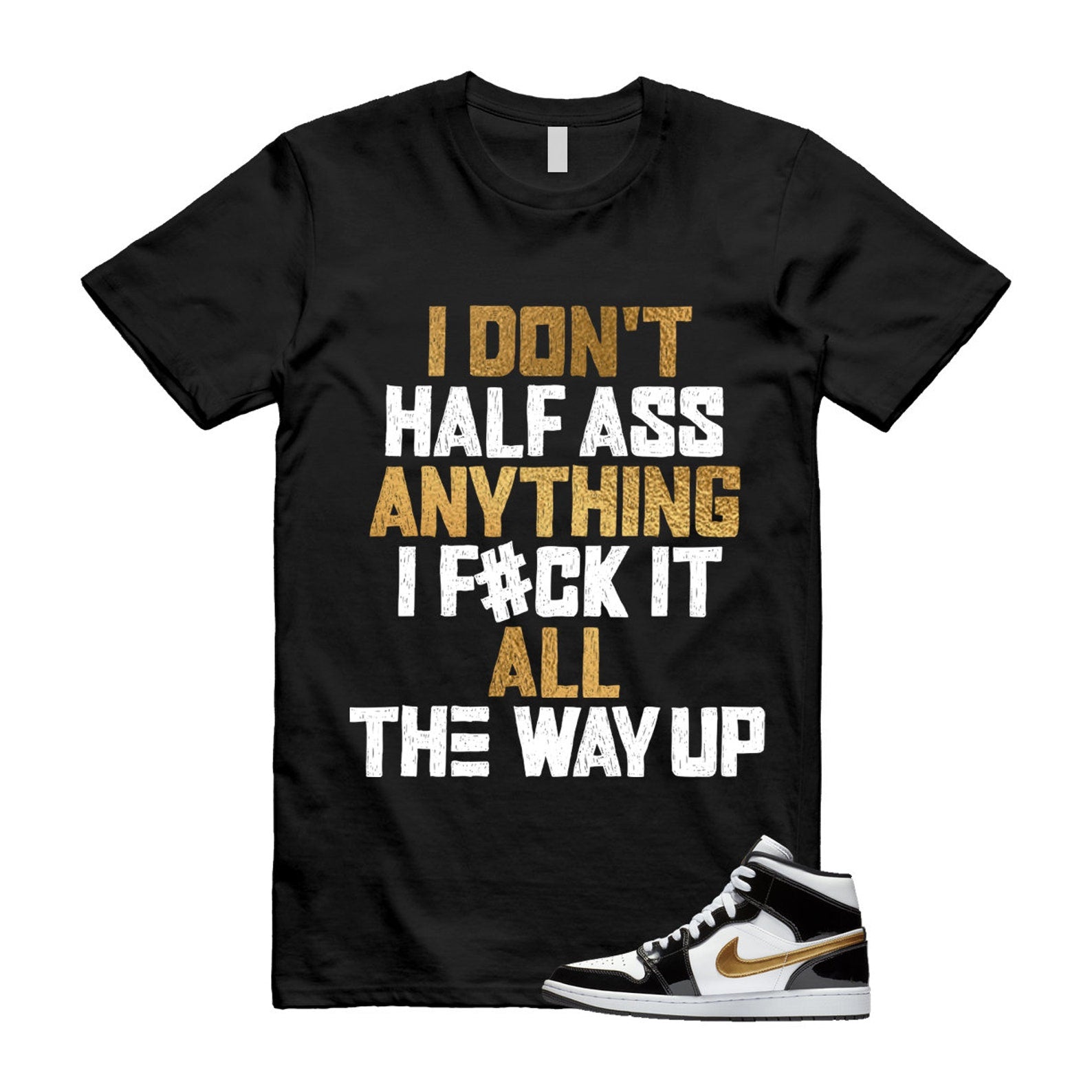 Metallic Gold Patent Black White Air 1 Mid T Shirt Match HALF T-Shirt, Sneaker Match Tee