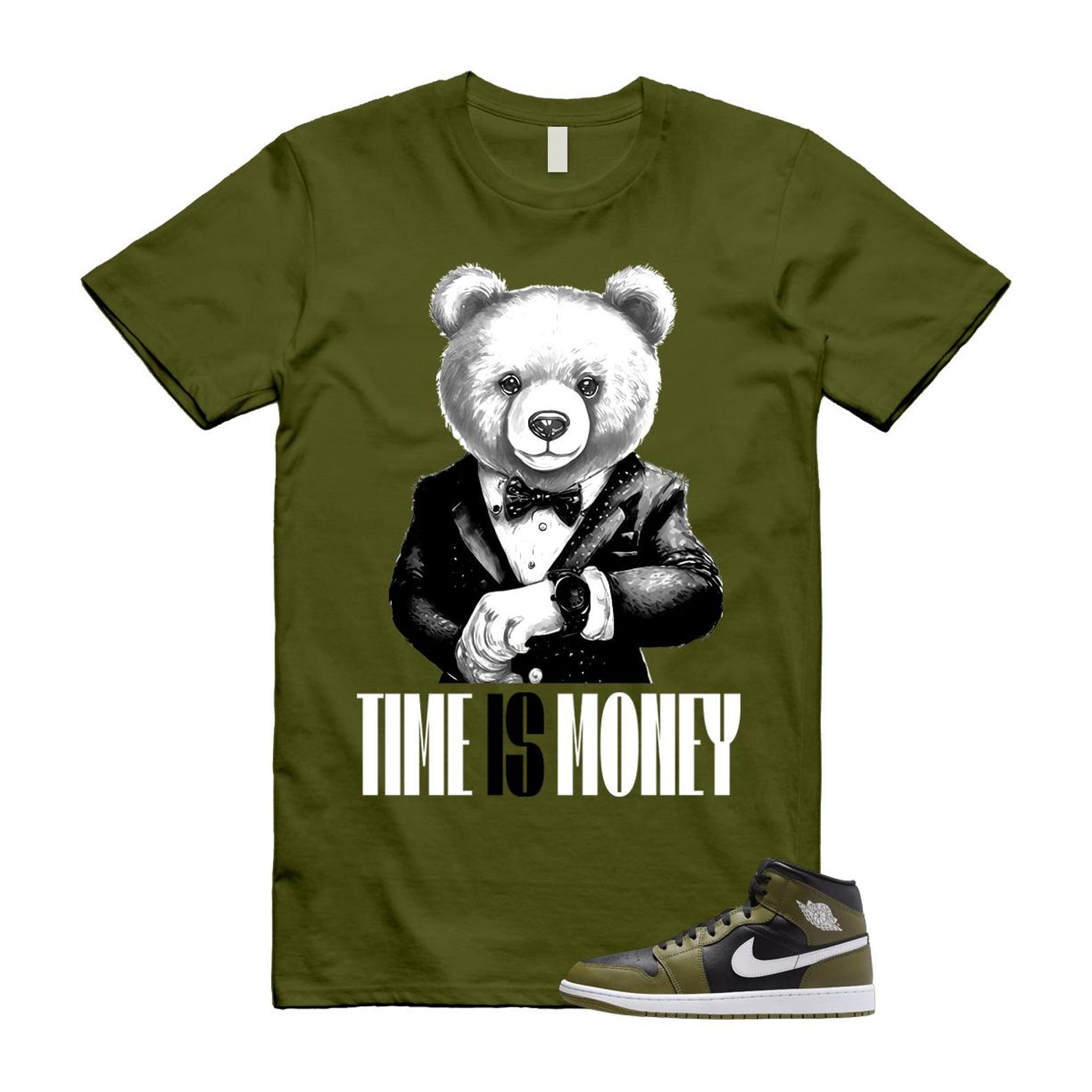 1 Sequoia Olive Green Black White Air Mid T Shirt Match TIM T-Shirt, Sneaker Match Tee