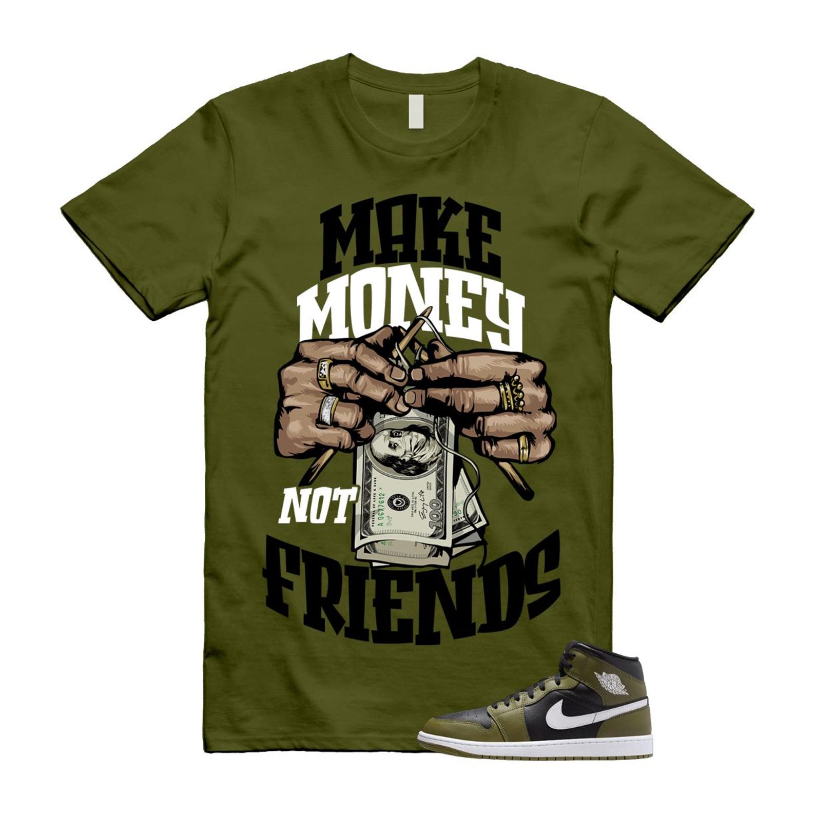1 Sequoia Olive Green Black White Air Mid T Shirt Match MM T-Shirt, Sneaker Match Tee