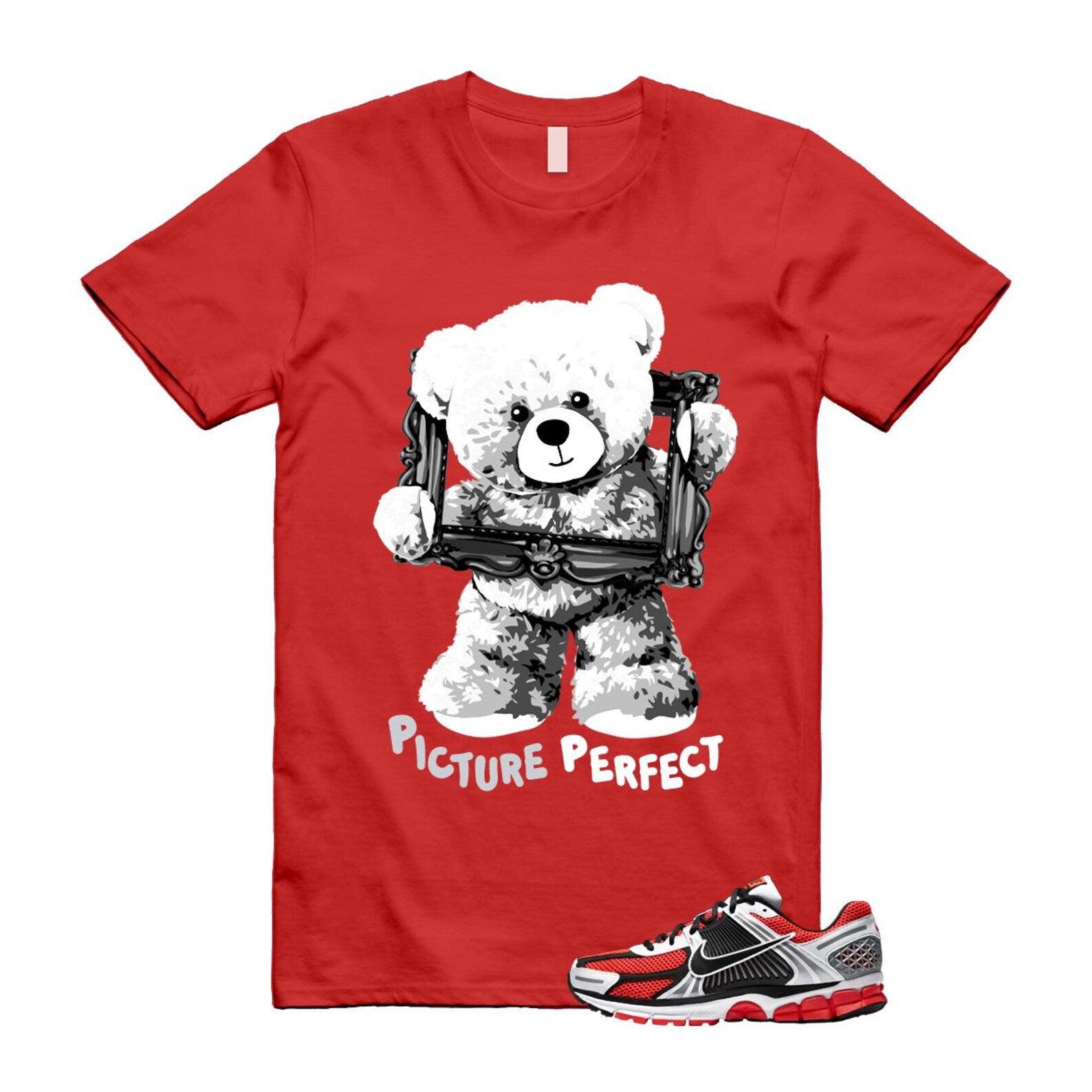 Zoom Vomero 5 Bright Crimson Silver Black White T Shirt Match PIC T-Shirt, Sneaker Match Tee