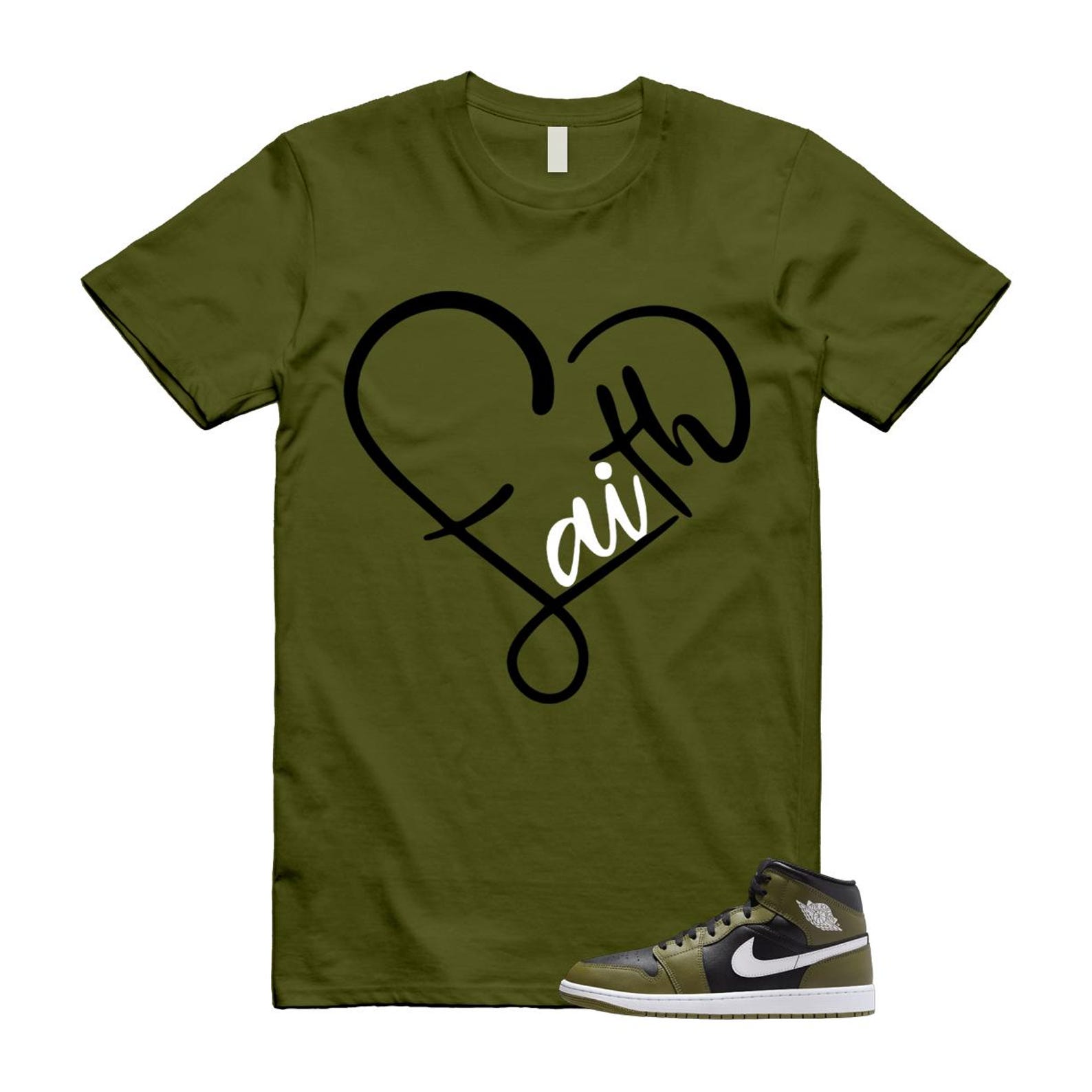 1 Sequoia Olive Green Black White Air Mid T Shirt Match FAITH T-Shirt, Sneaker Match Tee