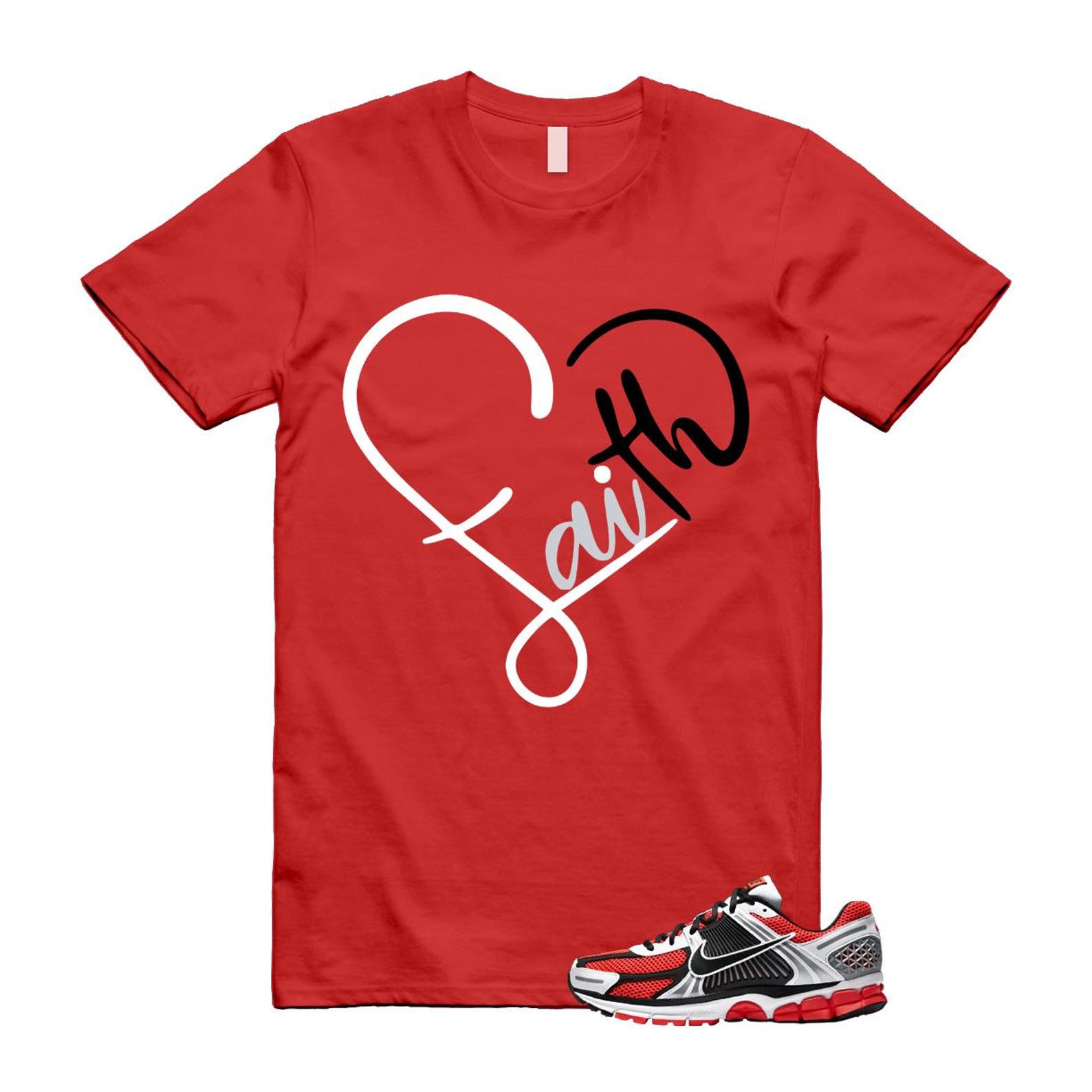 Zoom Vomero 5 Bright Crimson Silver Black White T Shirt Match FAITH T-Shirt, Sneaker Match Tee