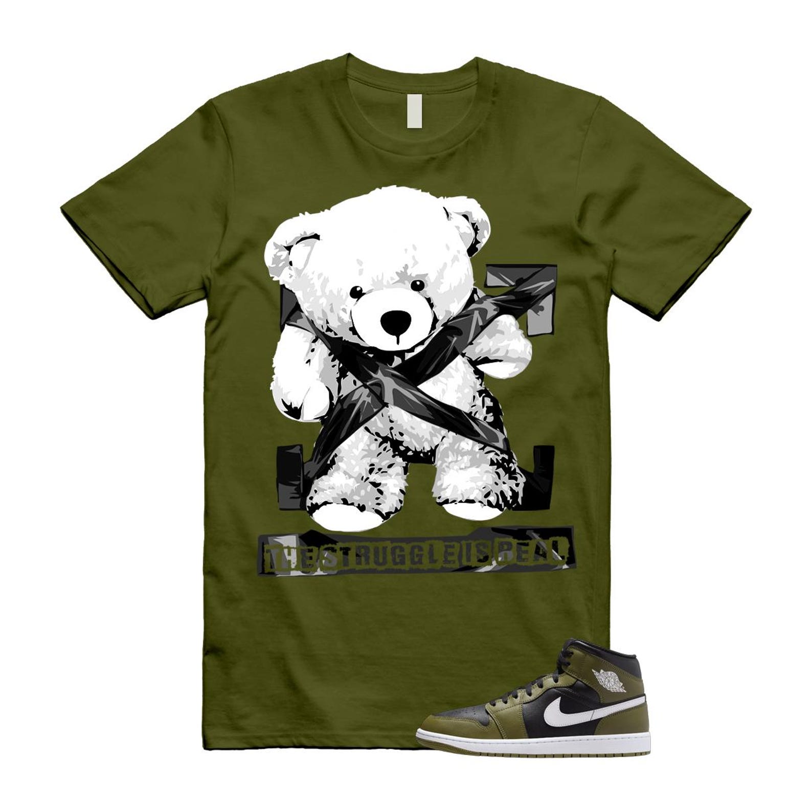 1 Sequoia Olive Green Black White Air Mid T Shirt Match STRUG T-Shirt, Sneaker Match Tee