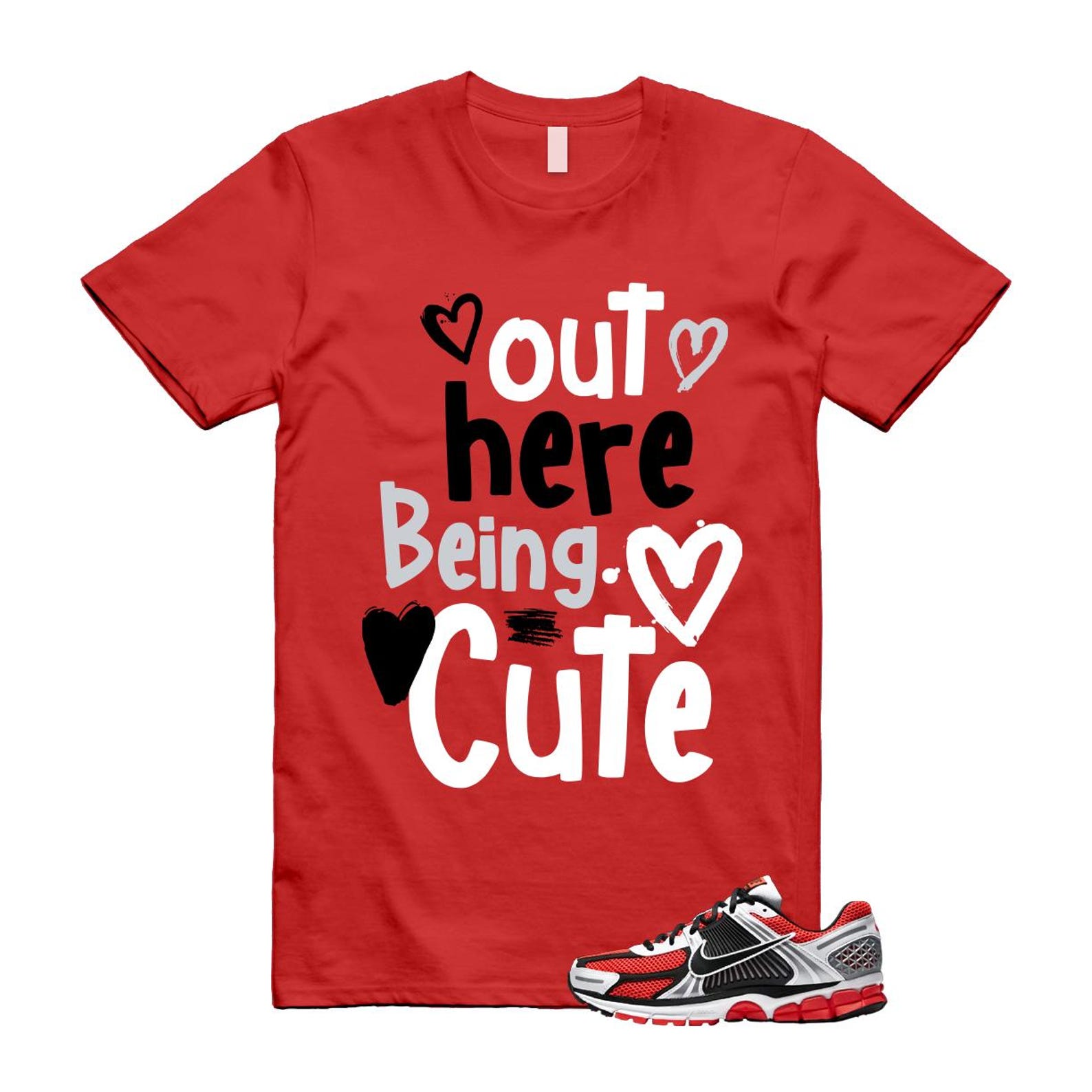 Zoom Vomero 5 Bright Crimson Silver Black White T Shirt Match Out Here Being Cute T-Shirt, Sneaker Match Tee