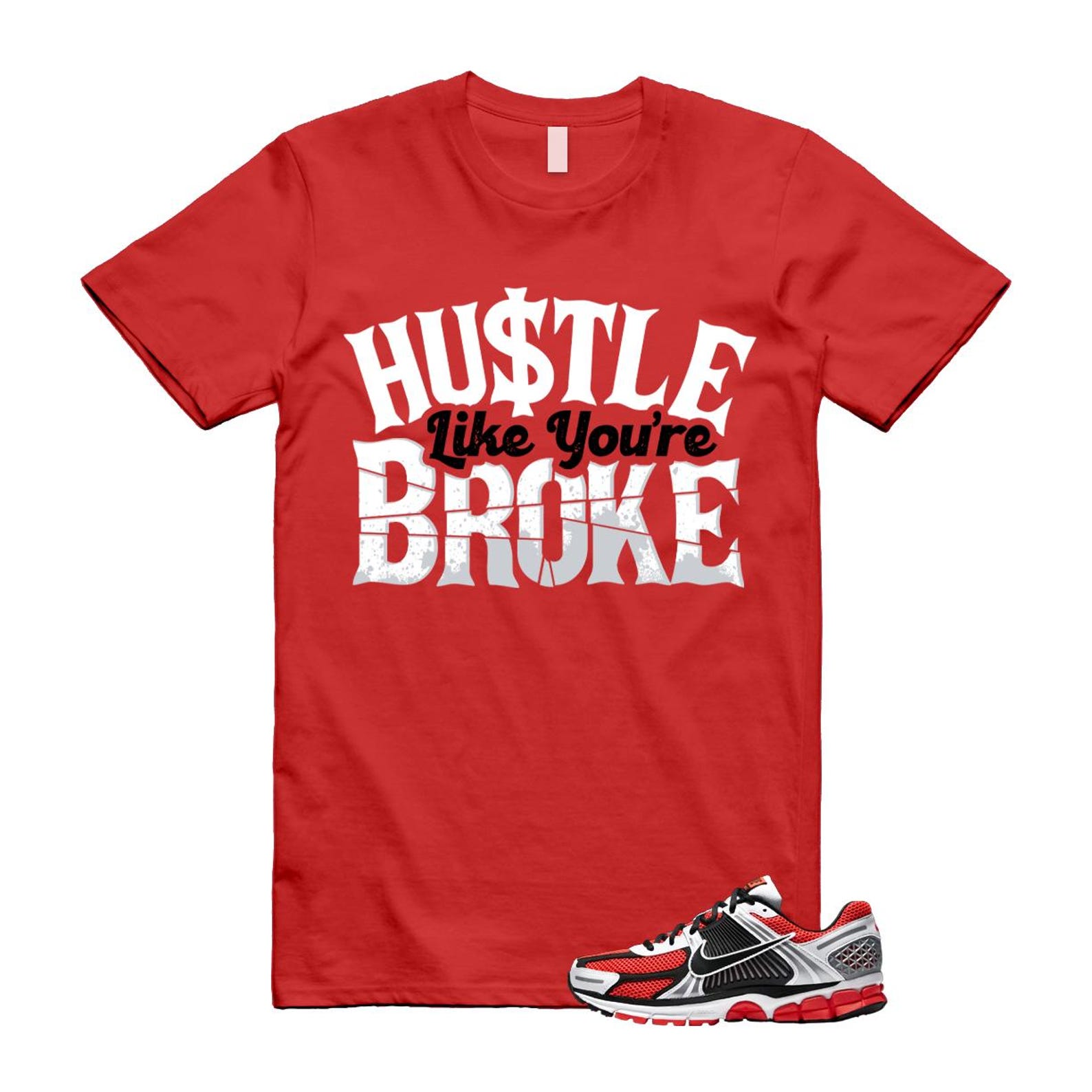 Zoom Vomero 5 Bright Crimson Silver Black White T Shirt Match BROKE T-Shirt, Sneaker Match Tee