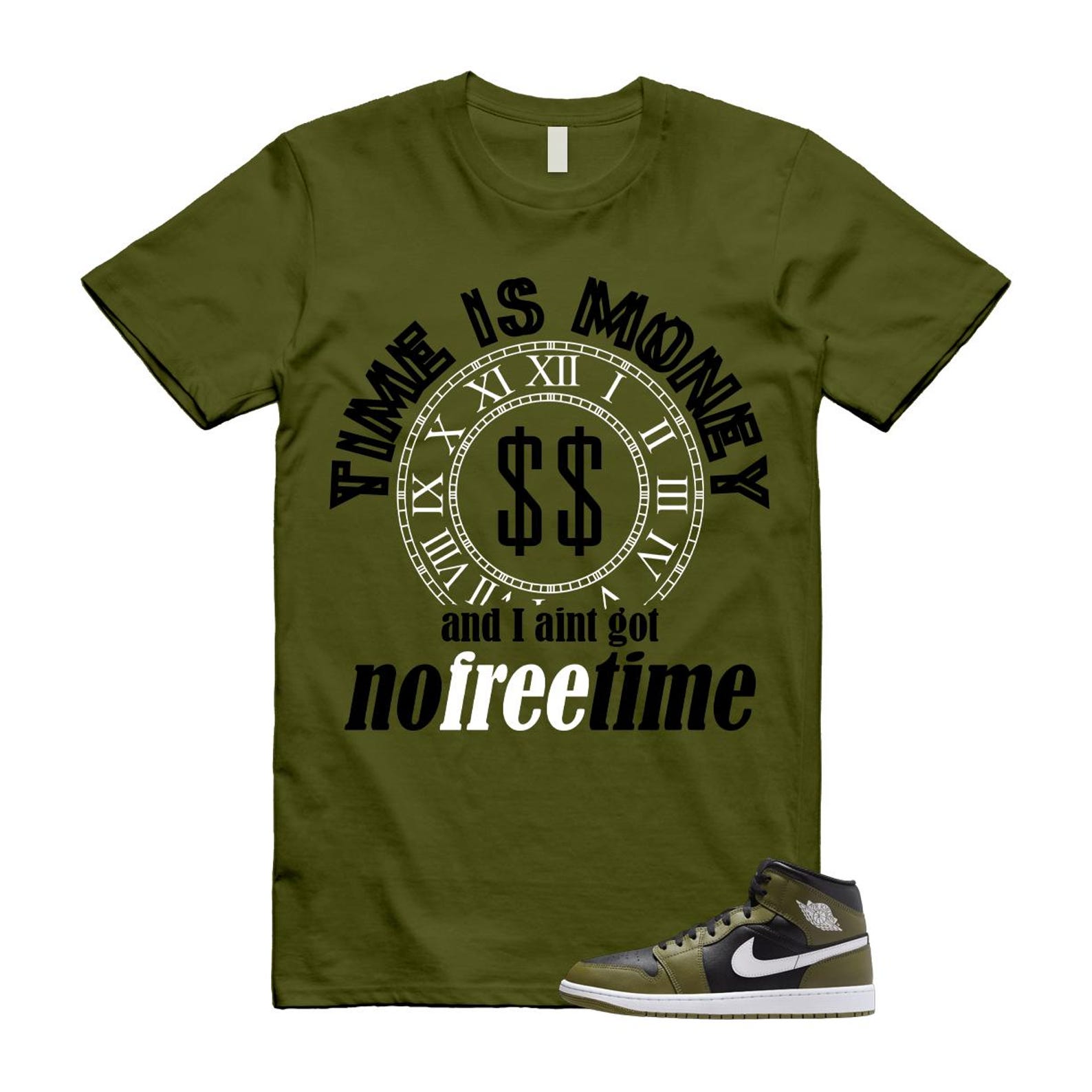 1 Sequoia Olive Green Black White Air Mid T Shirt Match FREE TIME T-Shirt, Sneaker Match Tee