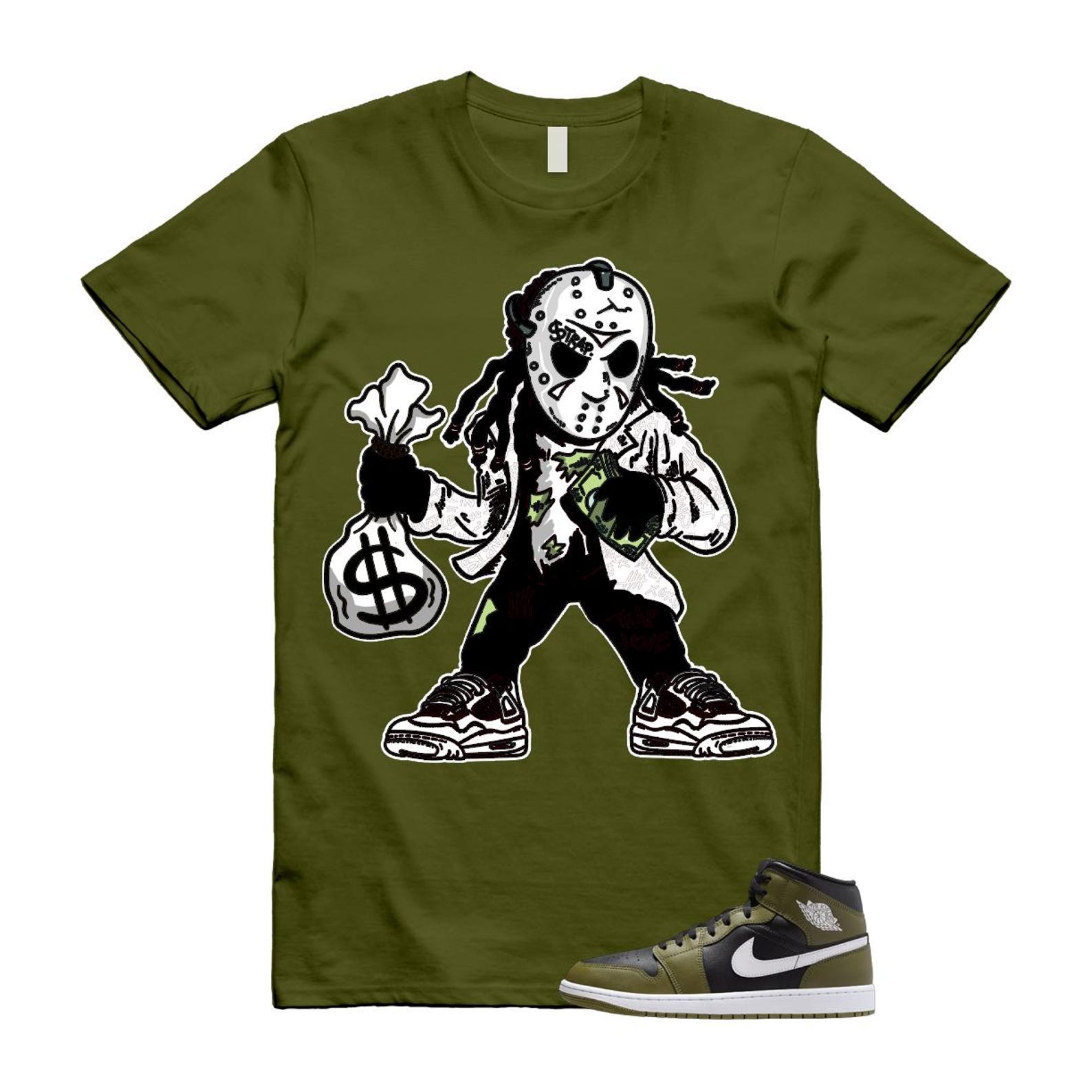 1 Sequoia Olive Green Black White Air Mid T Shirt Match JASON T-Shirt, Sneaker Match Tee