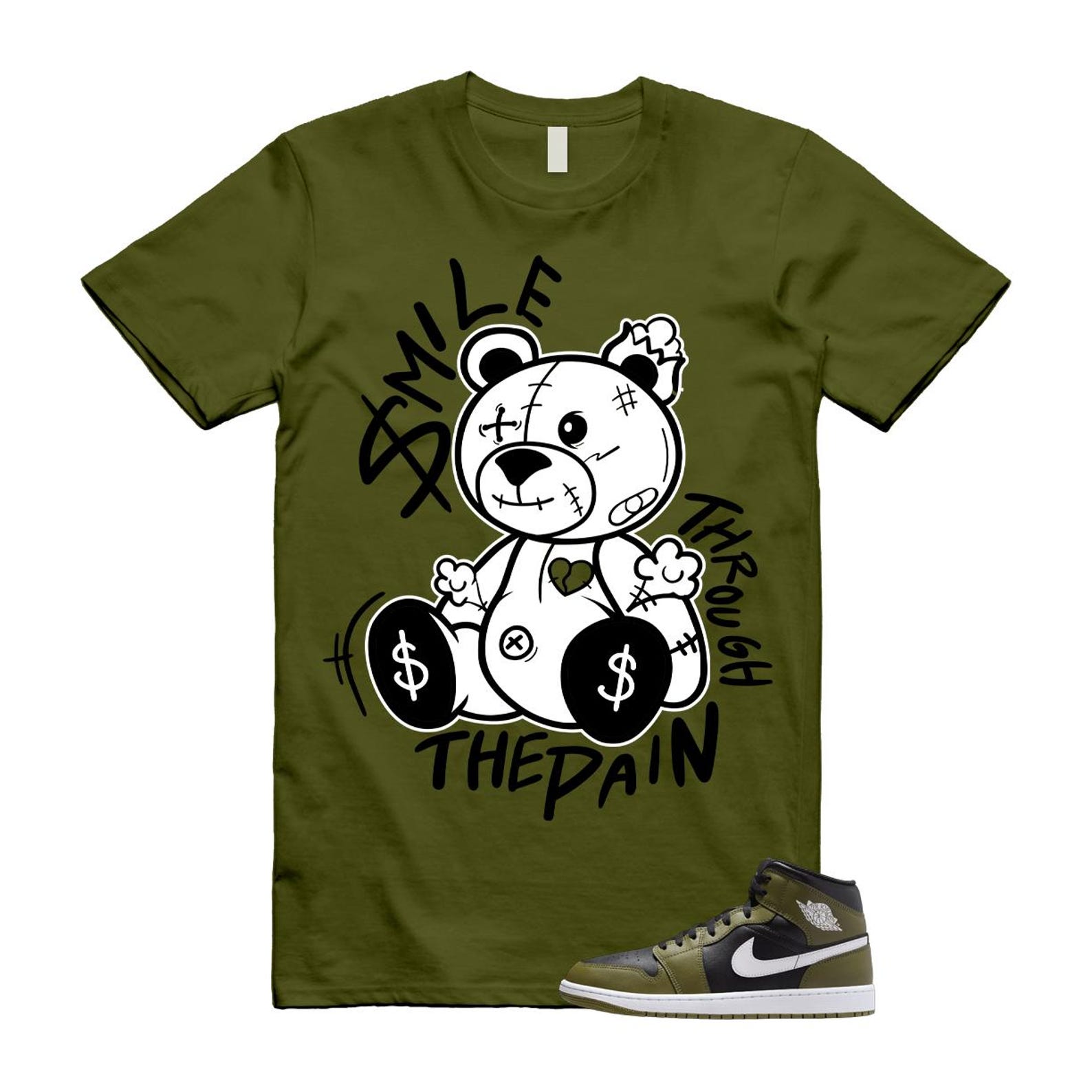 1 Sequoia Olive Green Black White Air Mid T Shirt Match Smile Through The Pain T-Shirt, Sneaker Match Tee