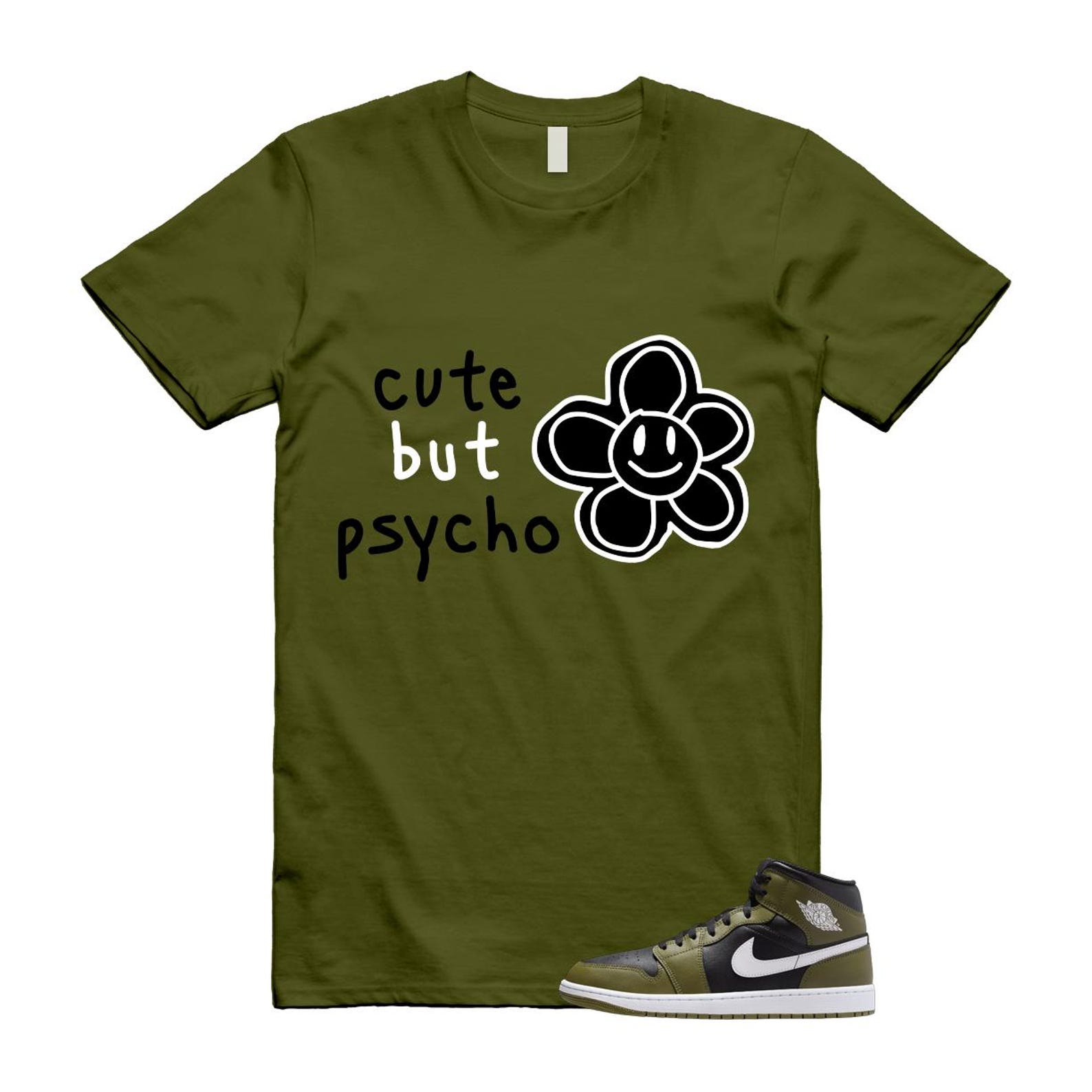 1 Sequoia Olive Green Black White Air Mid T Shirt Match PSYCHO T-Shirt, Sneaker Match Tee