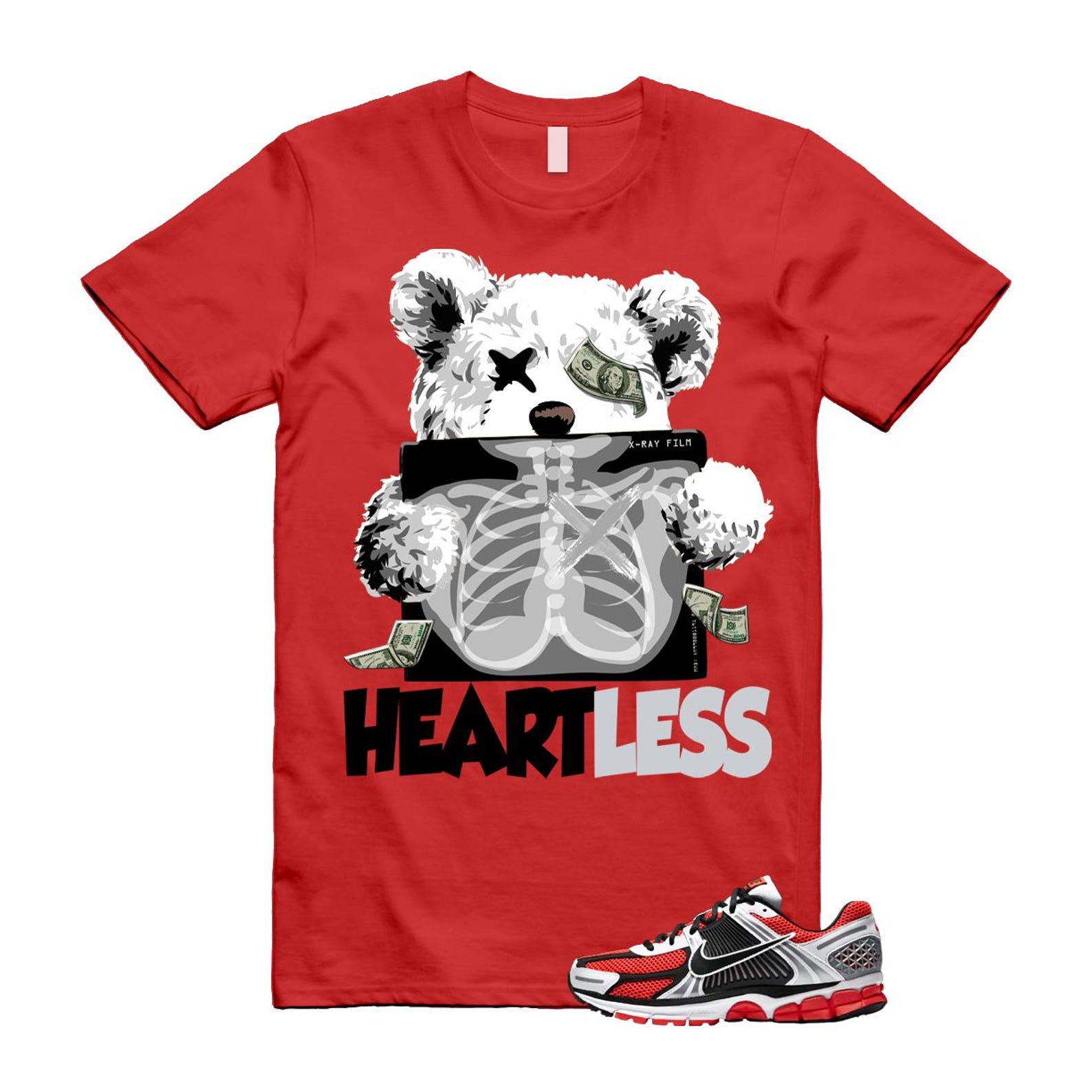 Zoom Vomero 5 Bright Crimson Silver Black White T Shirt Match HEART T-Shirt, Sneaker Match Tee