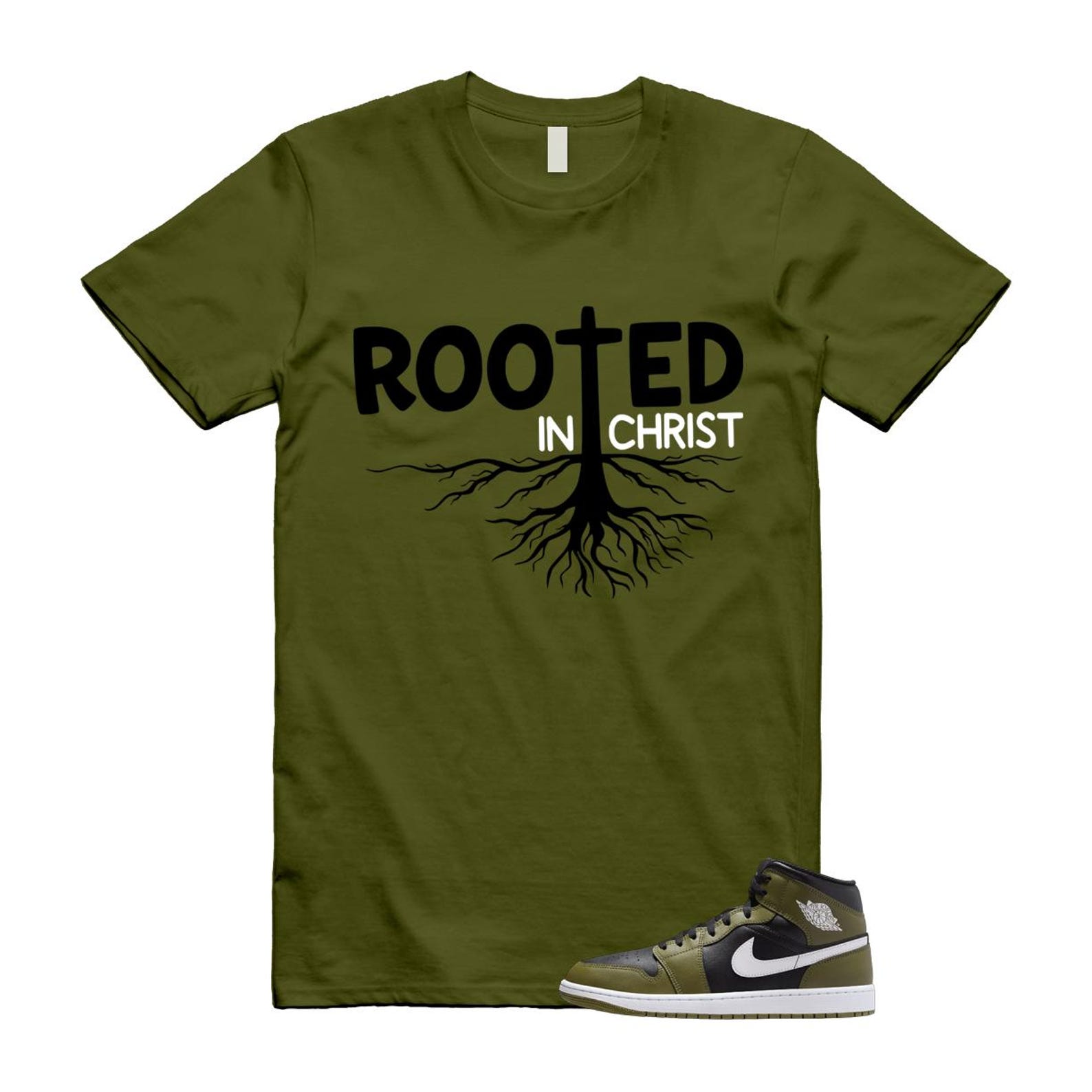 1 Sequoia Olive Green Black White Air Mid T Shirt Match ROOTED T-Shirt, Sneaker Match Tee