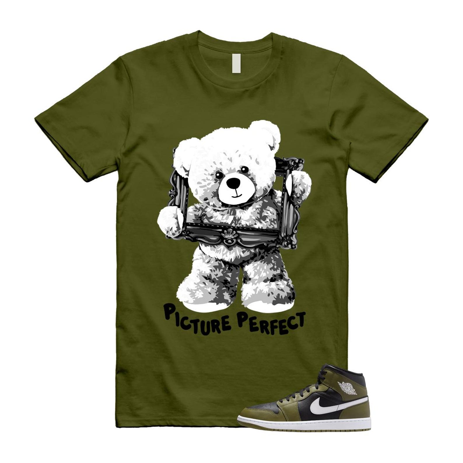 1 Sequoia Olive Green Black White Air Mid T Shirt Match PIC T-Shirt, Sneaker Match Tee