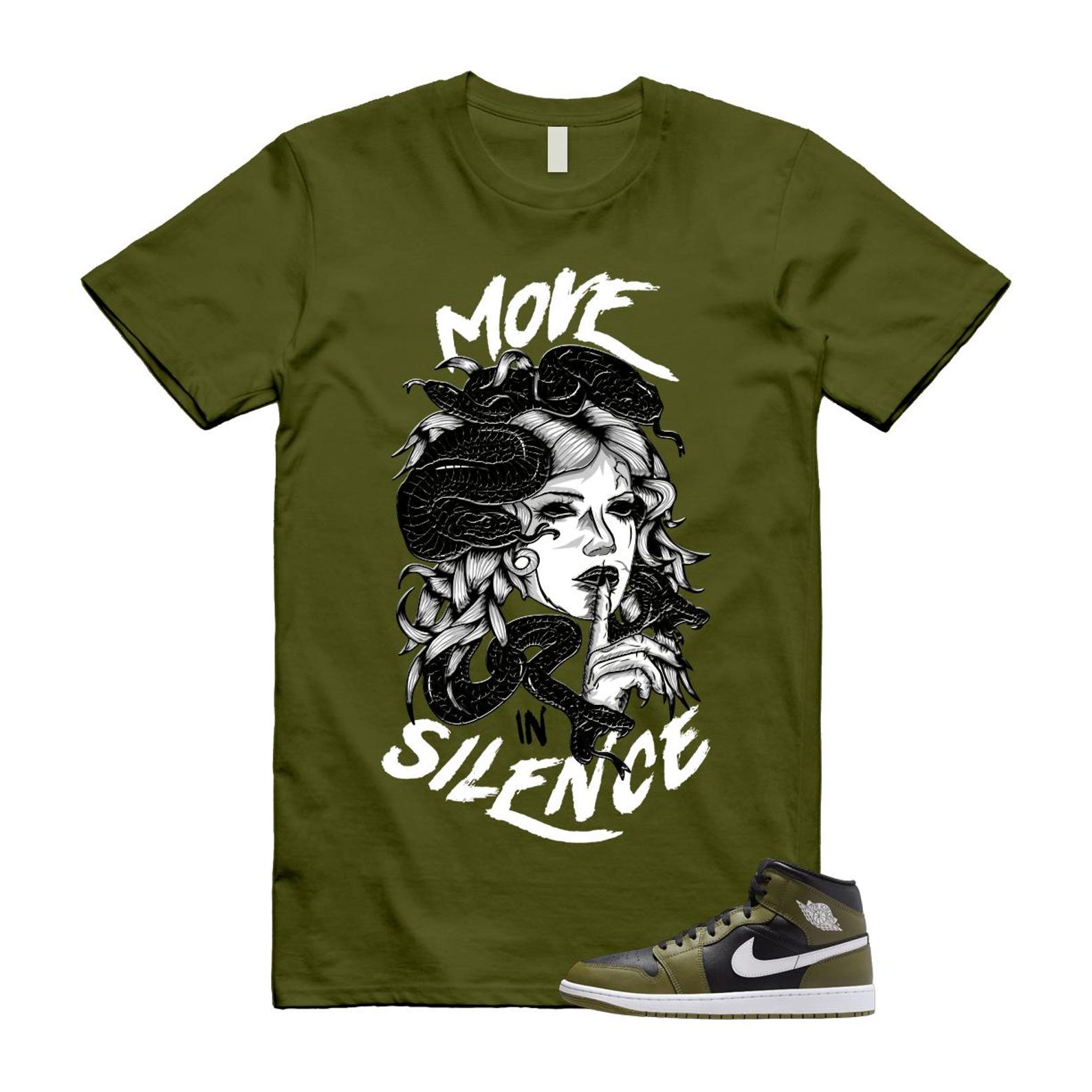 1 Sequoia Olive Green Black White Air Mid T Shirt Match MIS T-Shirt, Sneaker Match Tee