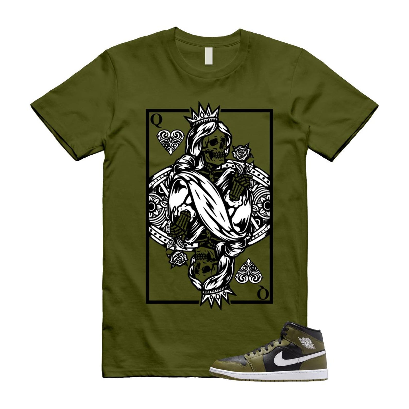 1 Sequoia Olive Green Black White Air Mid T Shirt Match QC T-Shirt, Sneaker Match Tee