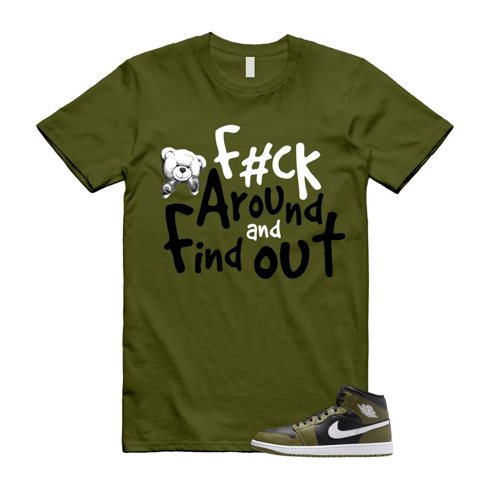 1 Sequoia Olive Green Black White Air Mid T Shirt Match FCK T-Shirt, Sneaker Match Tee