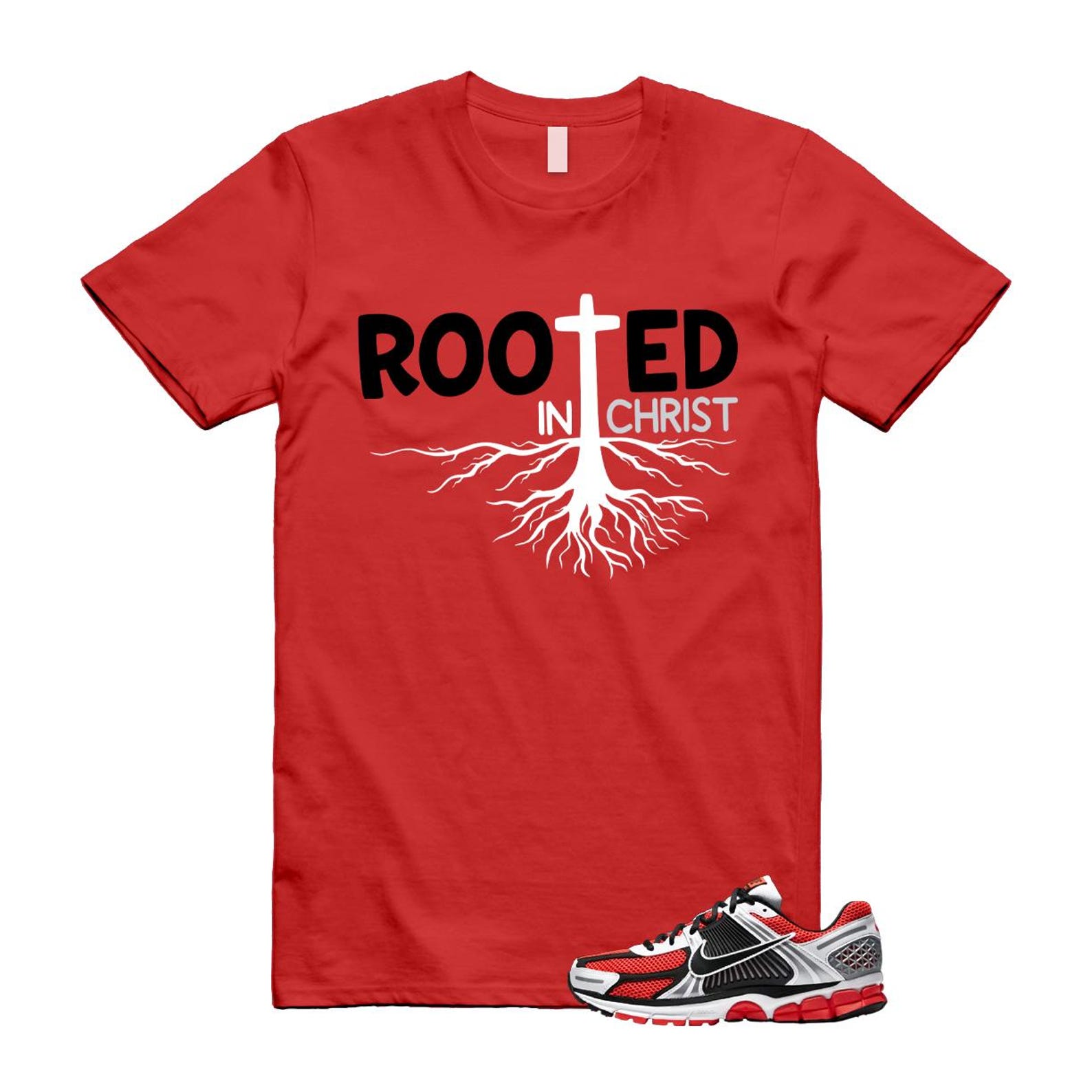 Zoom Vomero 5 Bright Crimson Silver Black White T Shirt Match ROOTED T-Shirt, Sneaker Match Tee