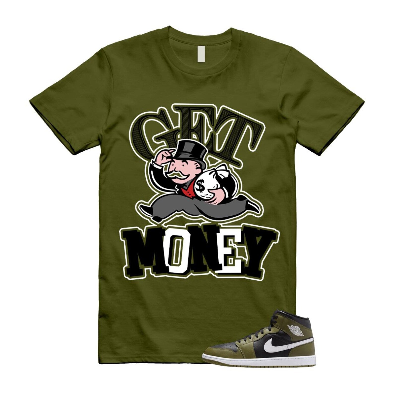 1 Sequoia Olive Green Black White Air Mid T Shirt Match GM T-Shirt, Sneaker Match Tee