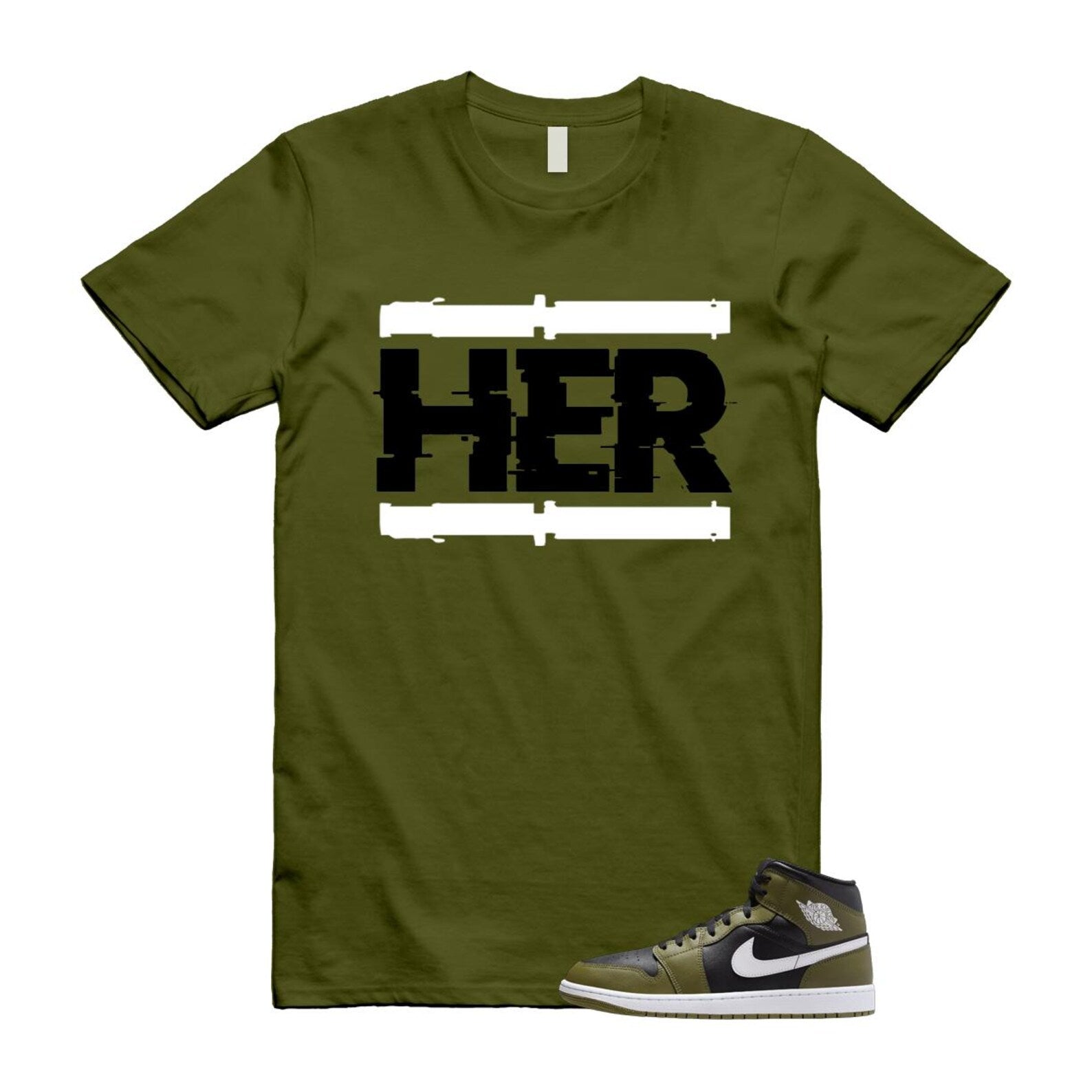 1 Sequoia Olive Green Black White Air Mid T Shirt Match HER T-Shirt, Sneaker Match Tee