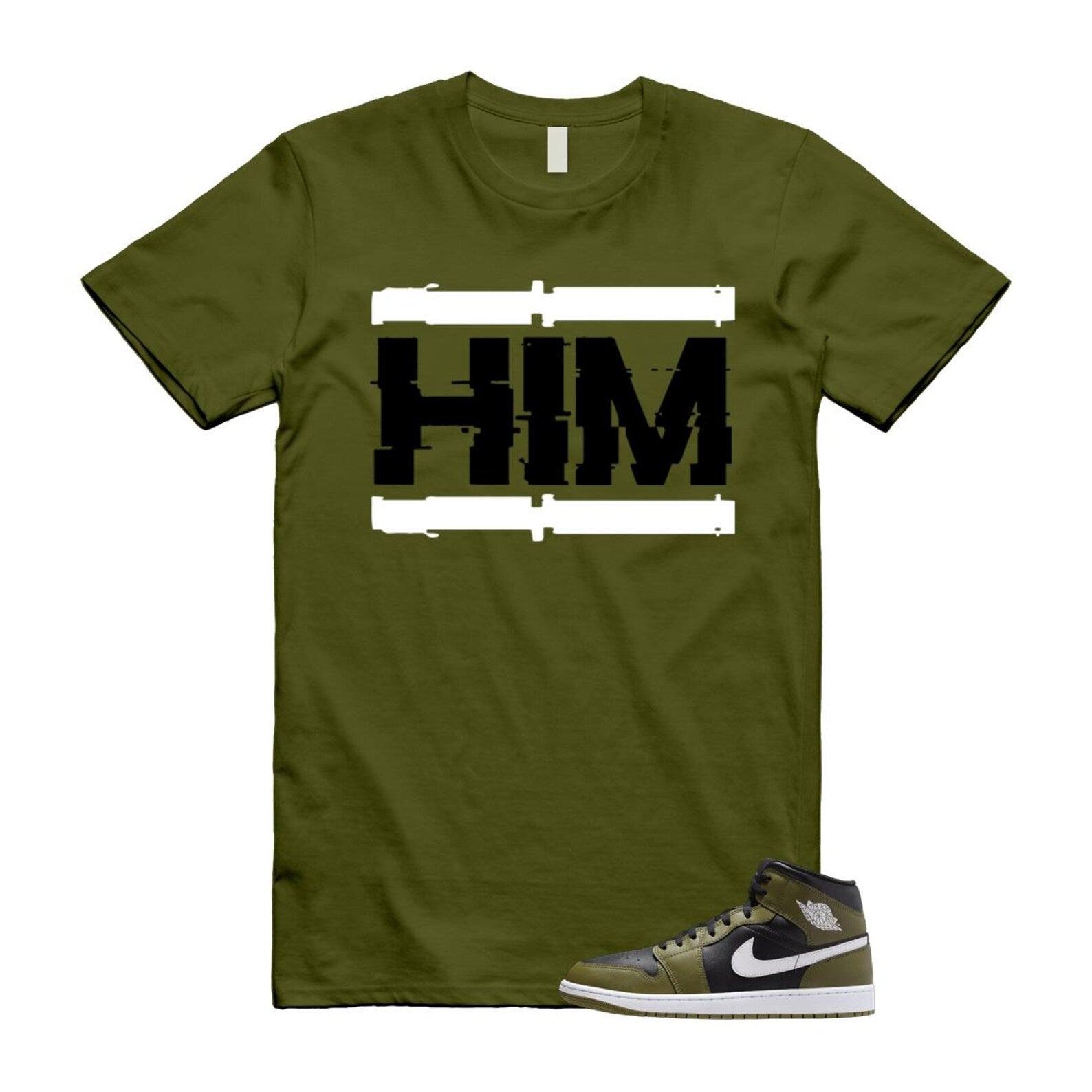 1 Sequoia Olive Green Black White Air Mid T Shirt Match HIM T-Shirt, Sneaker Match Tee