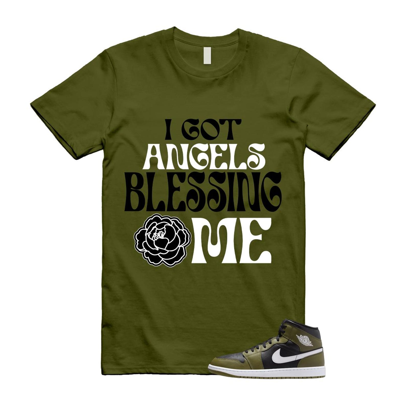 1 Sequoia Olive Green Black White Air Mid T Shirt Match ANGELS T-Shirt, Sneaker Match Tee