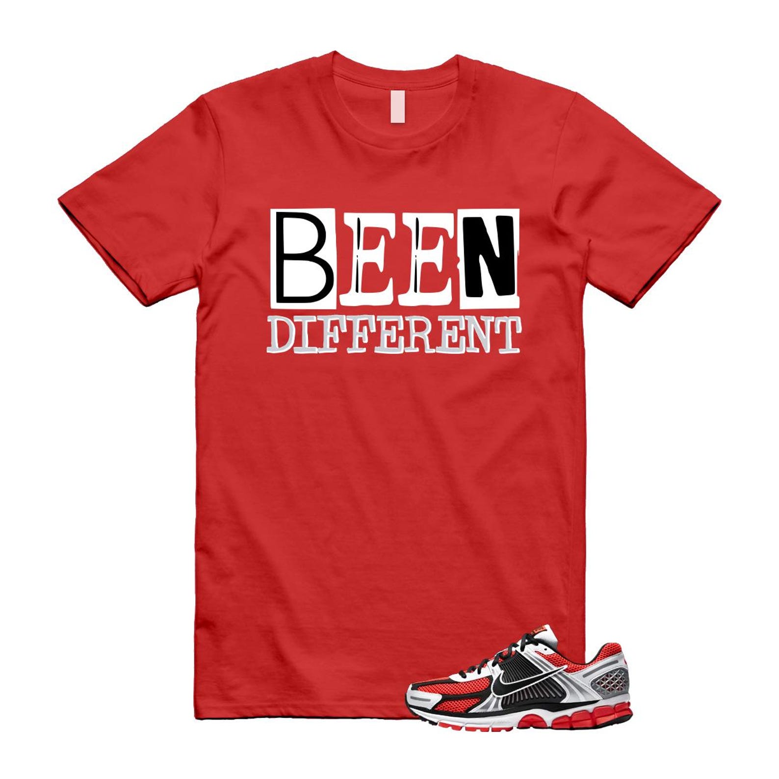 Zoom Vomero 5 Bright Crimson Silver Black White T Shirt Match BEEN T-Shirt, Sneaker Match Tee