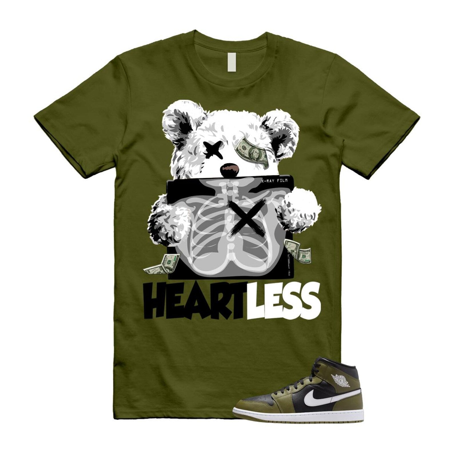 1 Sequoia Olive Green Black White Air Mid T Shirt Match HEART T-Shirt, Sneaker Match Tee