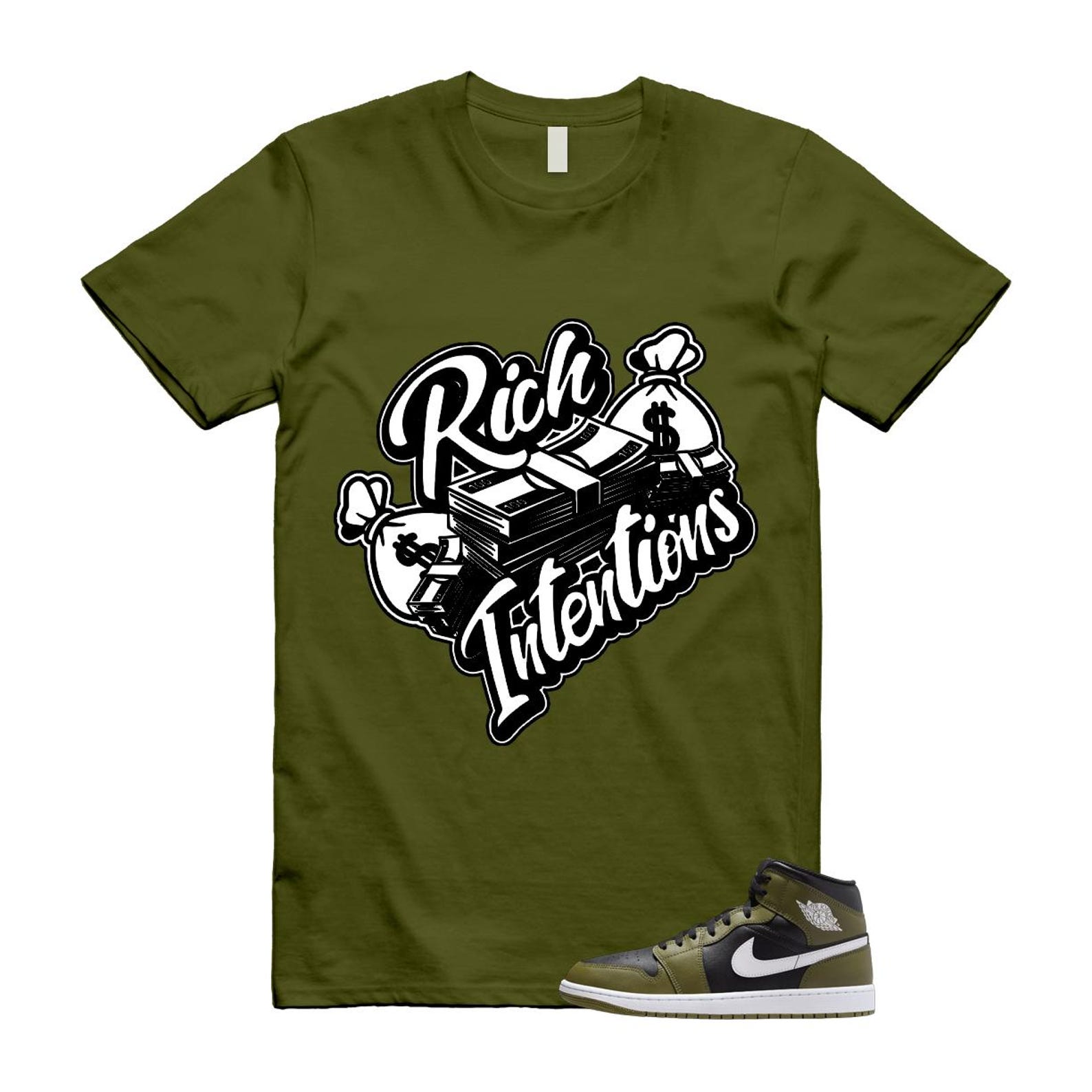 1 Sequoia Olive Green Black White Air Mid T Shirt Match RICH T-Shirt, Sneaker Match Tee