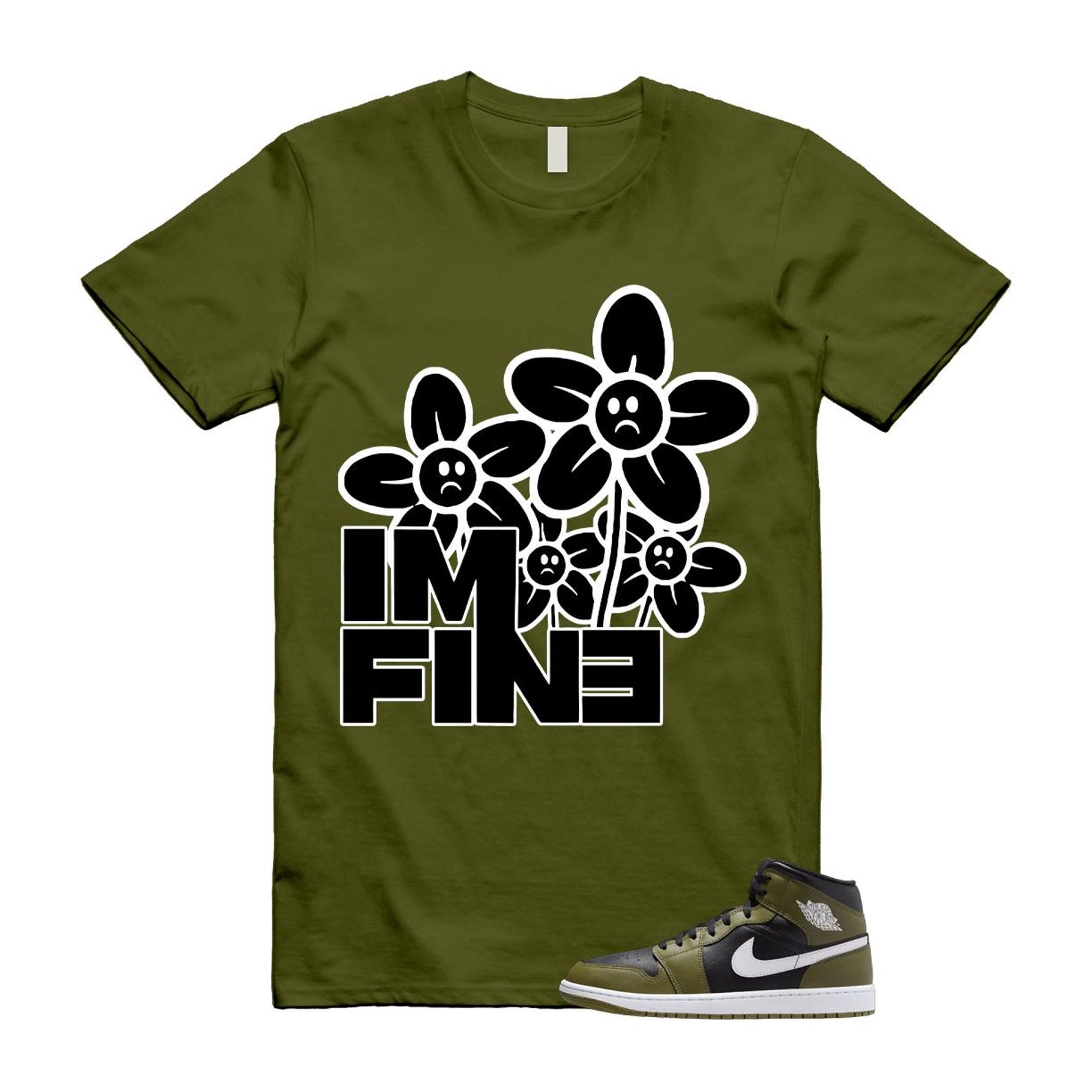 1 Sequoia Olive Green Black White Air Mid T Shirt Match FINE T-Shirt, Sneaker Match Tee