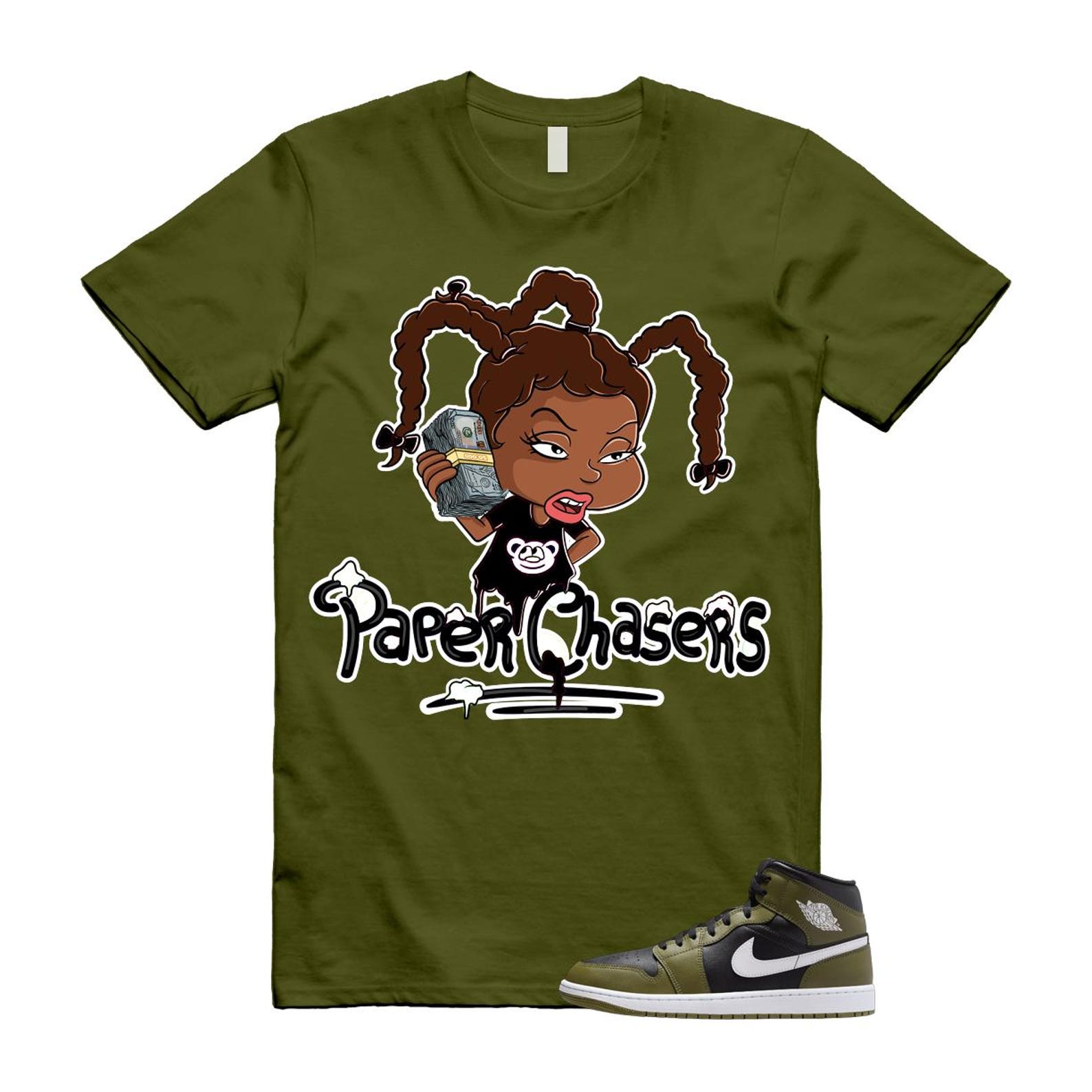 1 Sequoia Olive Green Black White Air Mid T Shirt Match PC T-Shirt, Sneaker Match Tee