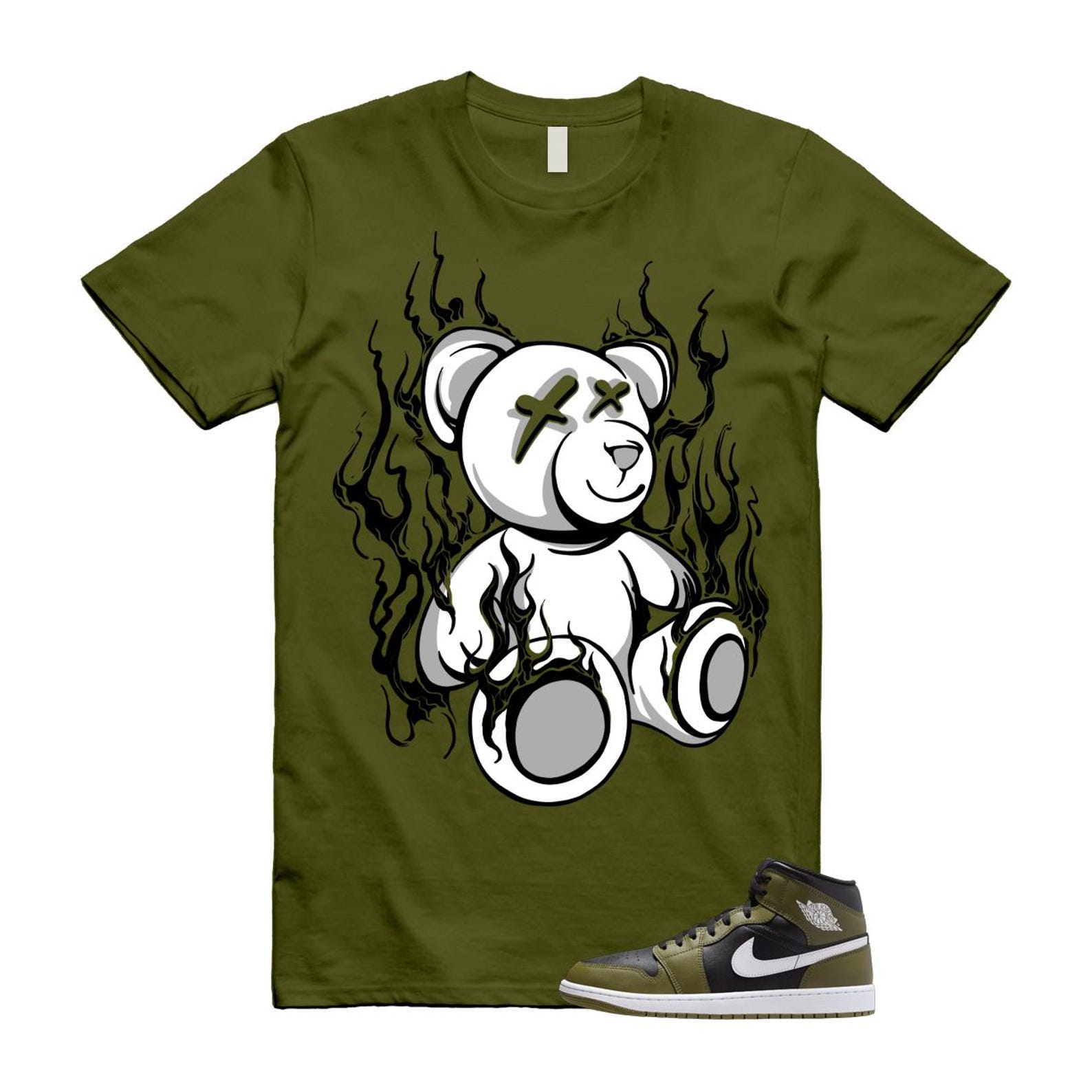 1 Sequoia Olive Green Black White Air Mid T Shirt Match LIT T-Shirt, Sneaker Match Tee