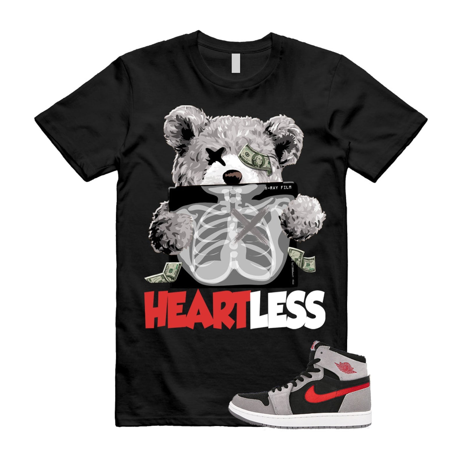 HEART T Shirt to match Air J 1 High Zoom Comfort 2 Fire Red Cement Grey Black White ,DV1307-060 T-Shirt, Sneaker Match Tee