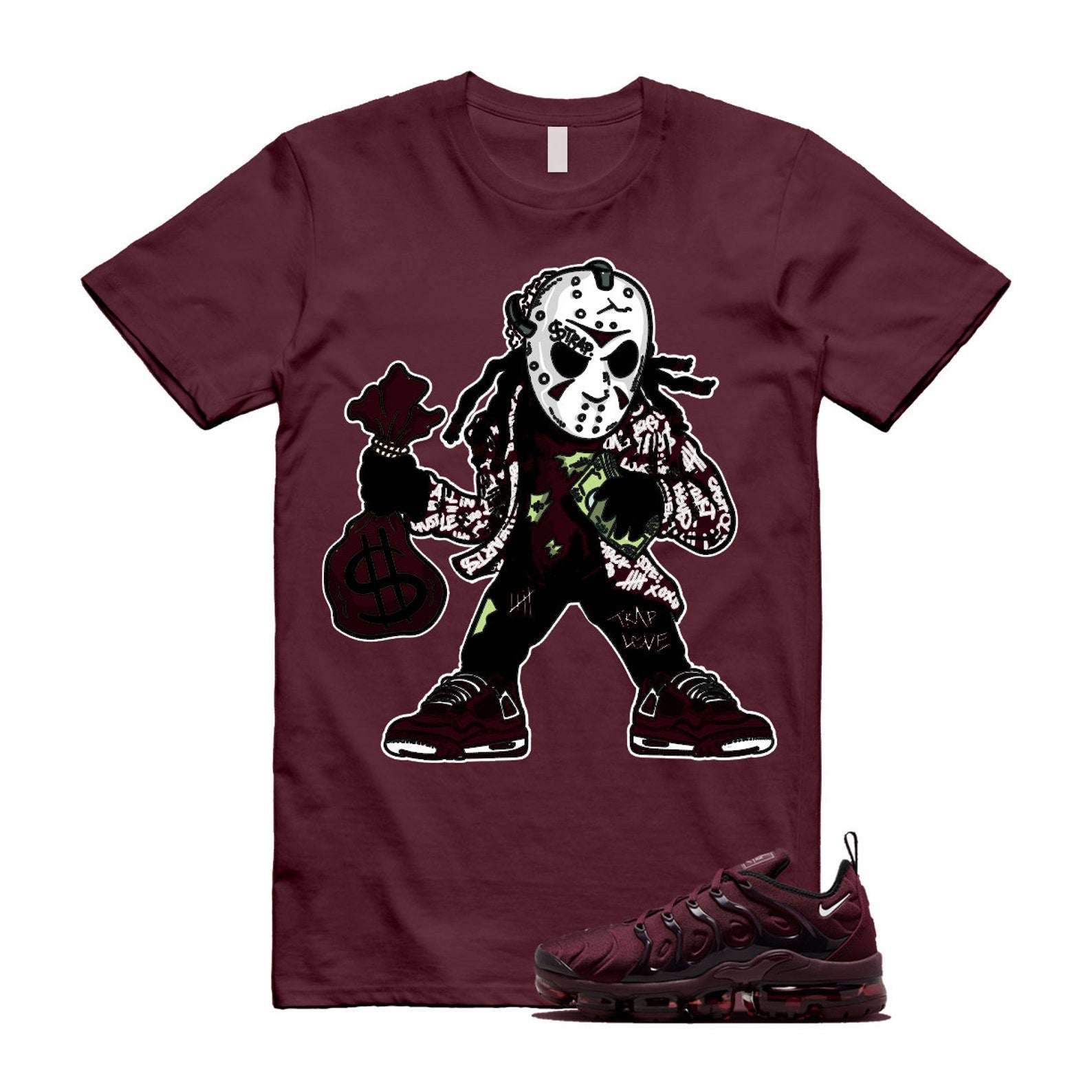 VaporMax Night Maroon Burgundy Cedar White Black Plus Air T Shirt Match JASON ,FN6850-681 T-Shirt, Sneaker Match Tee