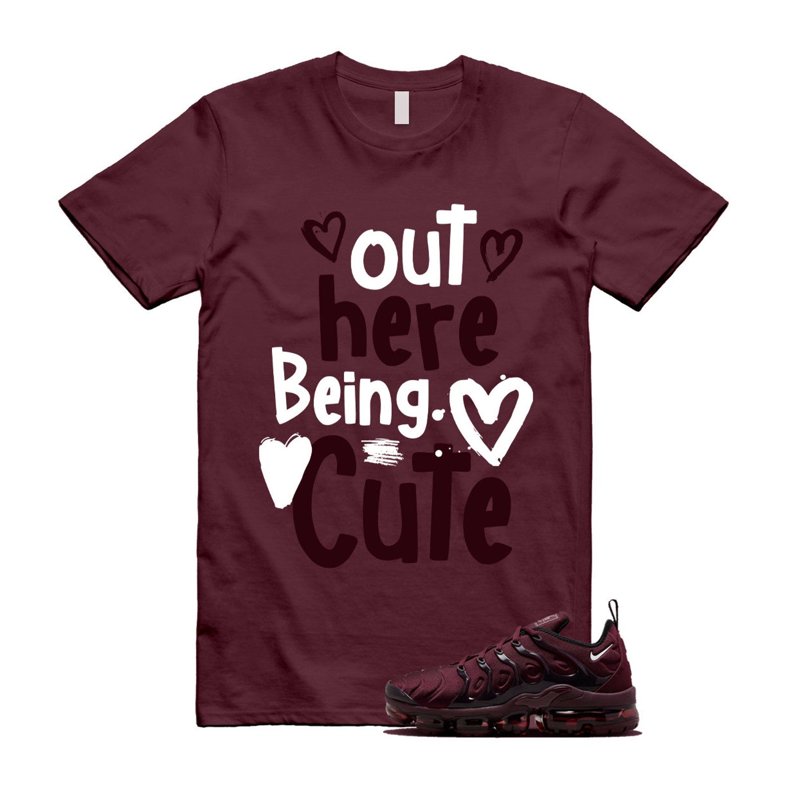 VaporMax Night Maroon Burgundy Cedar White Black Plus Air T Shirt Match Out Here Being Cute ,FN6850-681 T-Shirt, Sneaker Match Tee