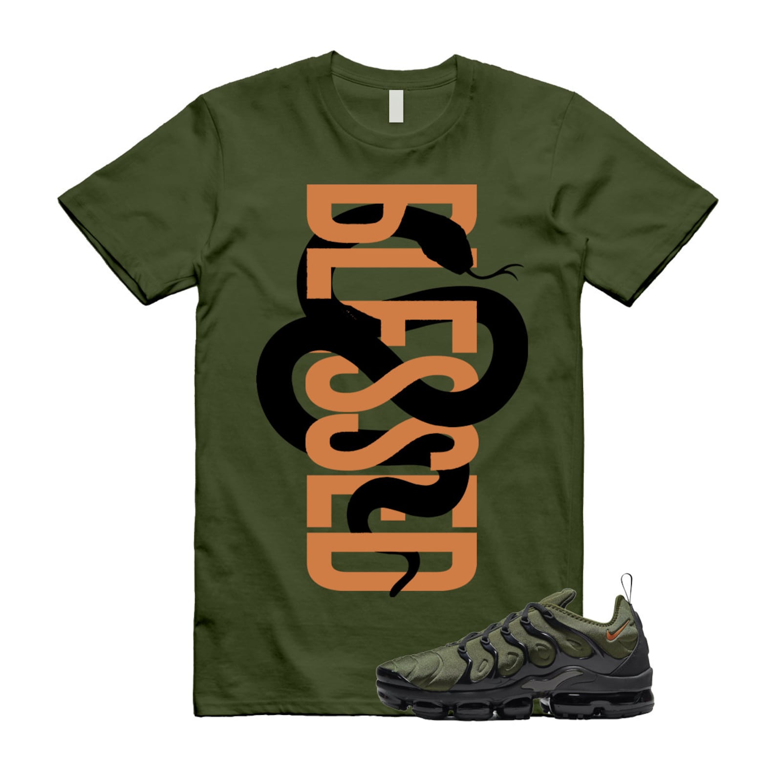 SNAKEBLS T Shirt to match Vapormax Plus Olive Green Orange Rough Uptempo Legion Foamposite 95 96 97 Sequoia Cargo Khaki T-Shirt, Sneaker Match Tee